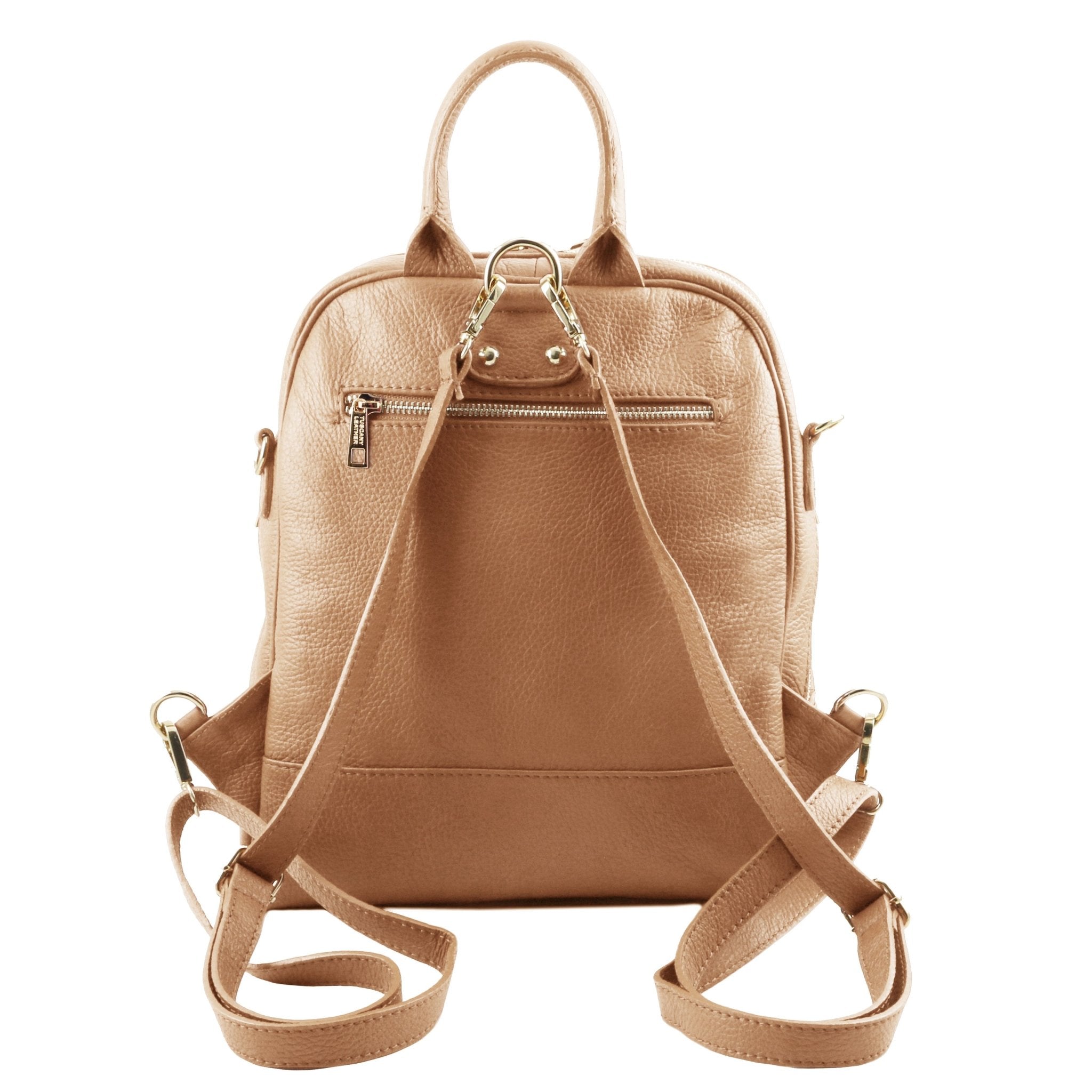 Back view with shoulder straps of TL Bag Soft Leather Backpack in champagne on a white background - L'Atelier Global
