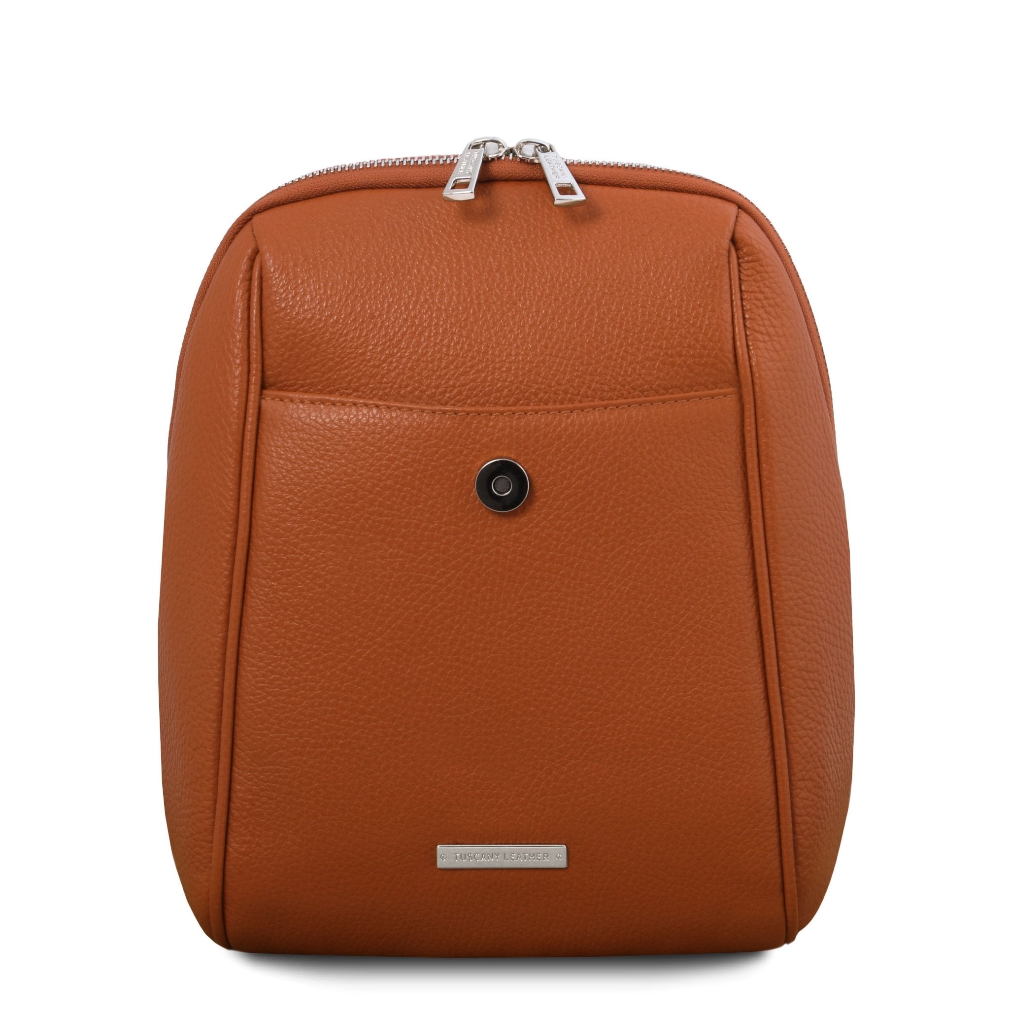 TL Bag Soft Italian Leather Backpack in Cognac showing exterior open pocket underneath the flap magnetic closure
