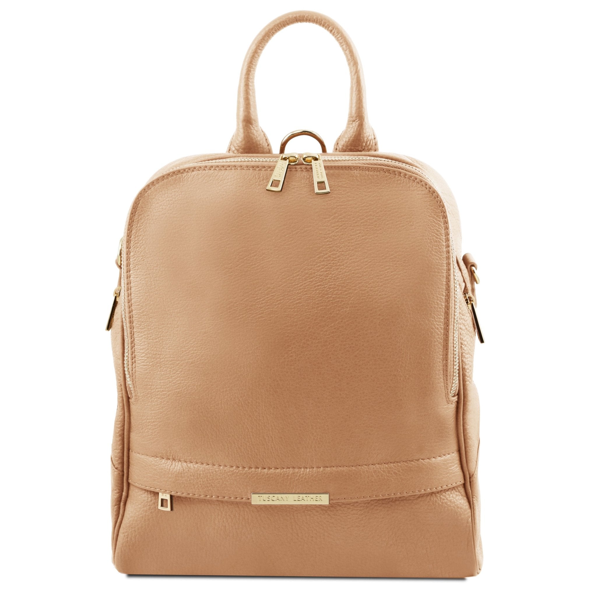 TL Bag Soft Italian Leather Backpack in champagne showing handle and front exterior zip pocket