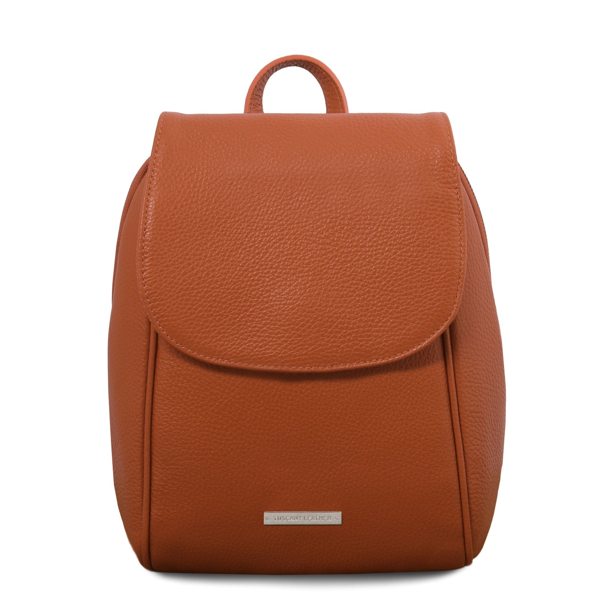 TL Bag Soft Italian Leather Backpack in Cognac showing curved front closure and handle