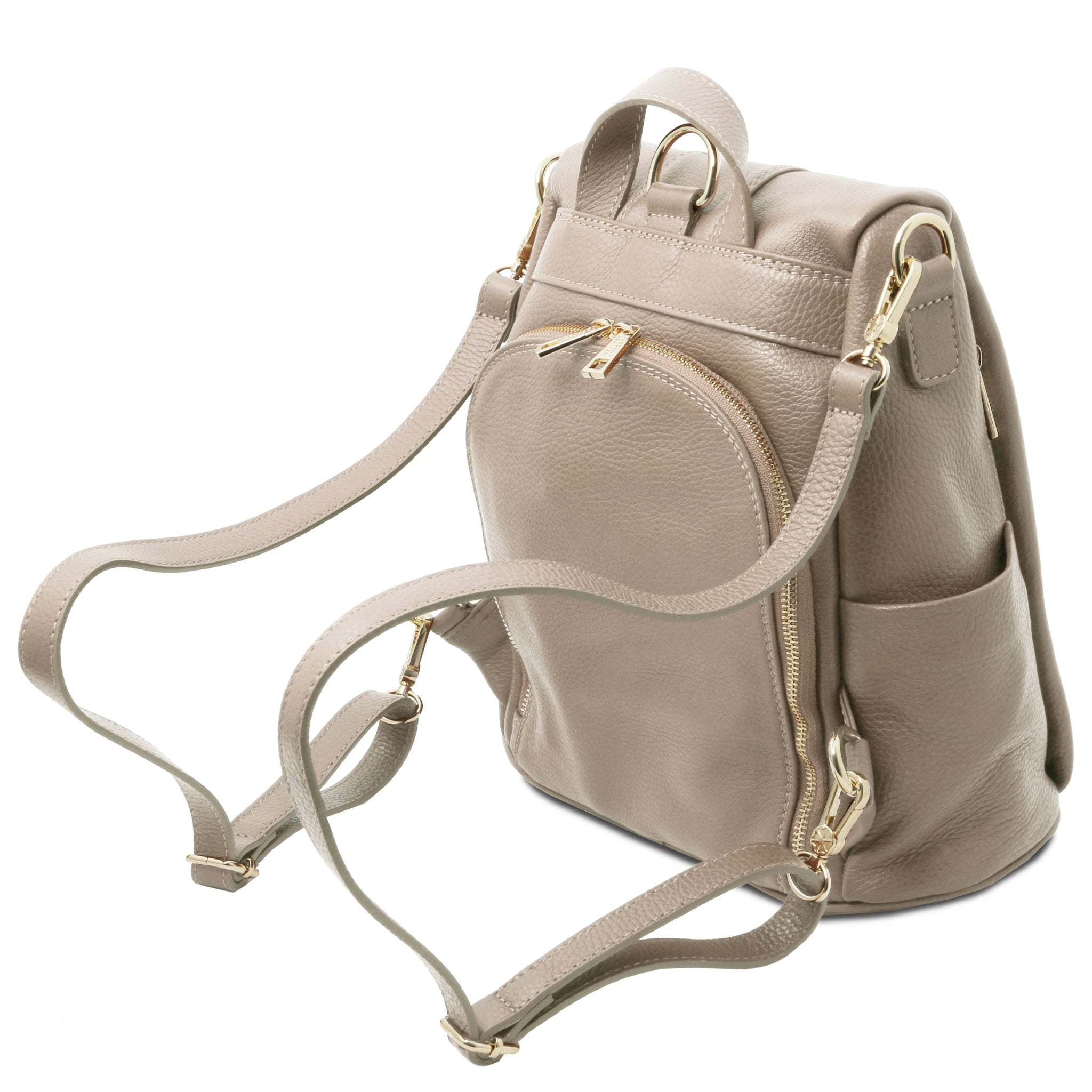 Backside angled View TL Bag Soft Leather Backpack in light gray showing backpack straps, top handle and back zippered compartment