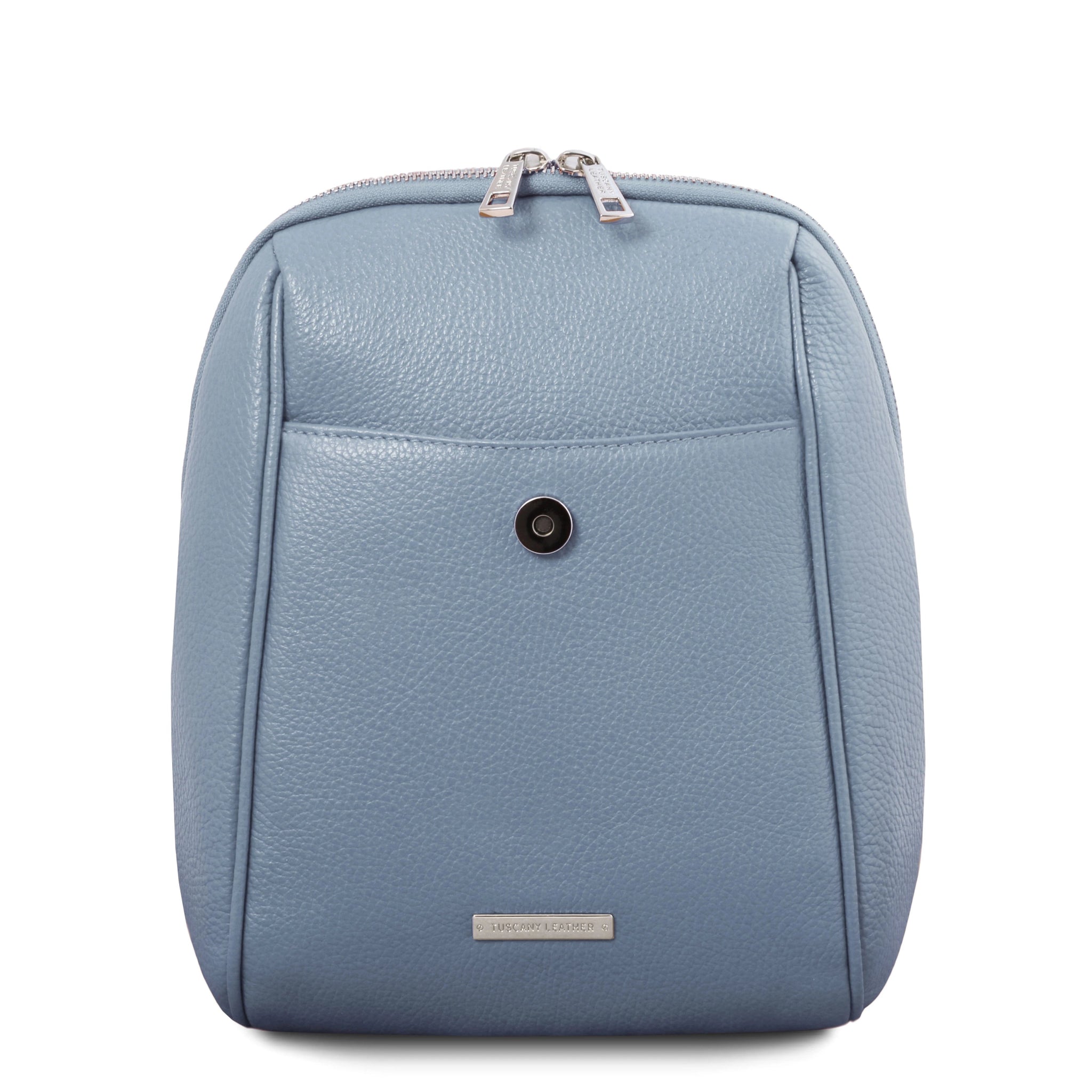 Leather Backpack in Light Blue under front flap view showing open pocket and magnetic closure