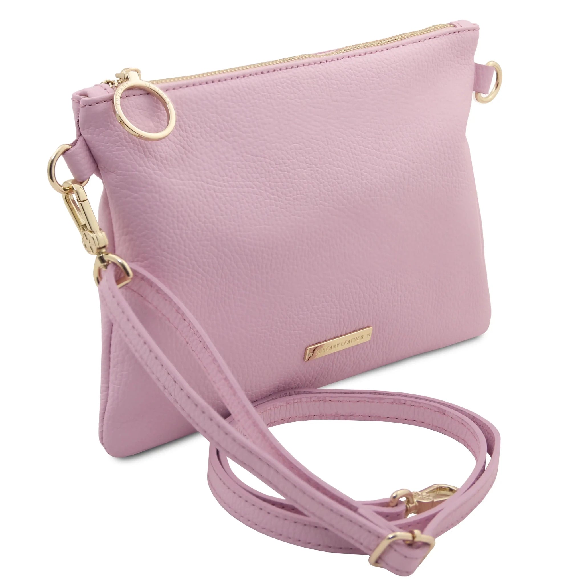 Front side TL Bag Soft Leather Clutch in Ballet Pink on White Background with hand strap