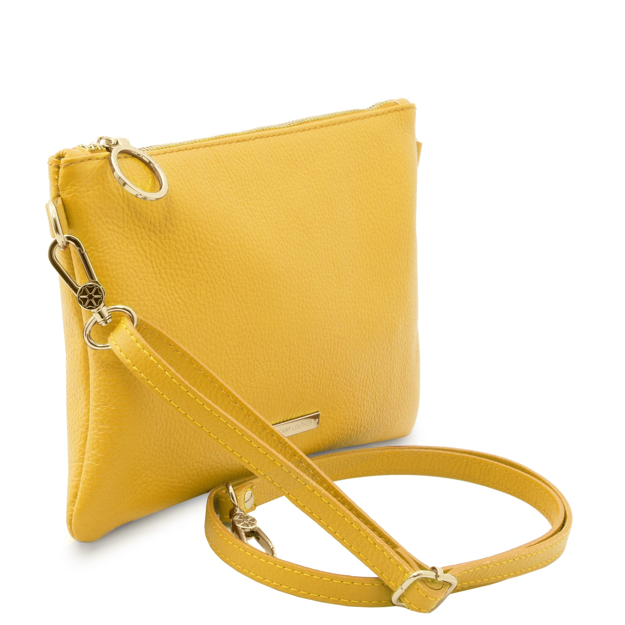 TL Bag Soft Italian Leather Clutch in Yellow Front View showing detachable shoulder and crossbody strap