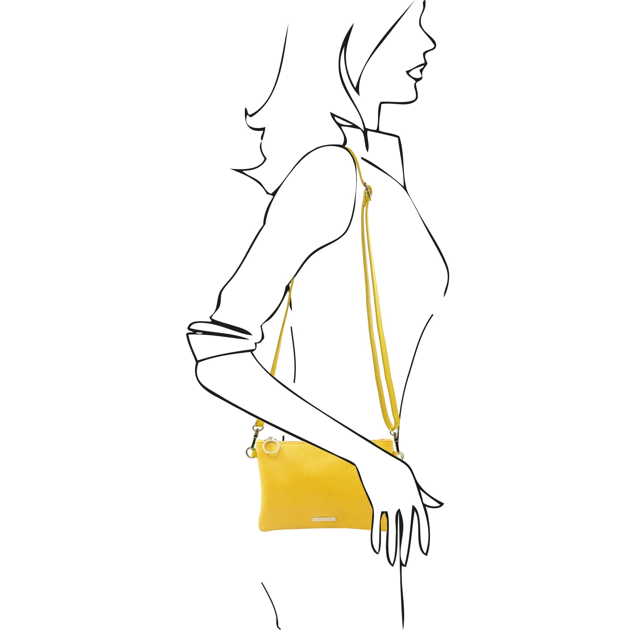 Black and white sketch of a model wearing the TL Bag Soft Italian Leather Clutch in Yellow as a shoulder bag