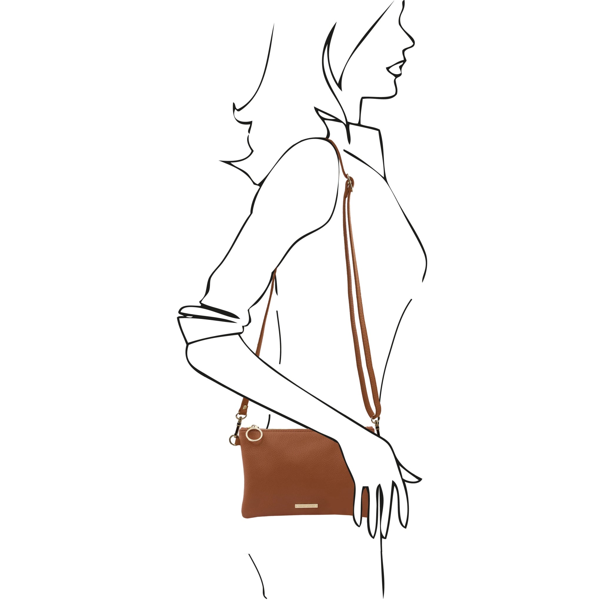 Black and white sketch of model carrying the TL Bag Soft Italian Leather Clutch in cognac