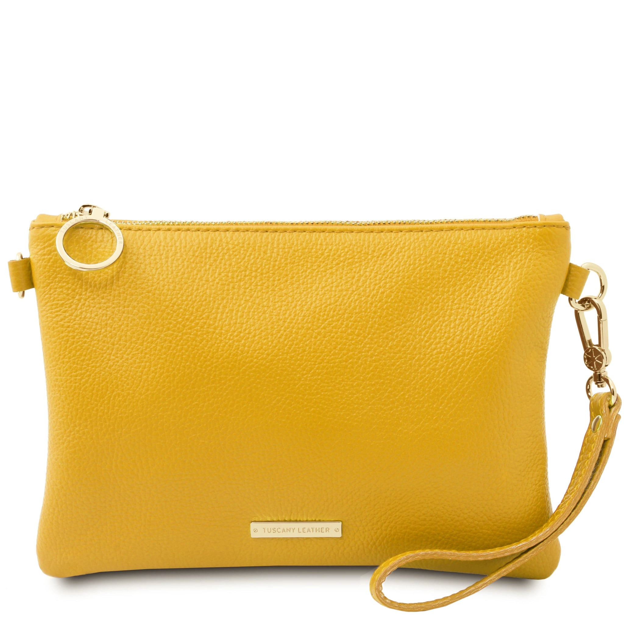 TL Bag Soft Italian Leather Clutch in Yellow Front View showing detachable wrist strap