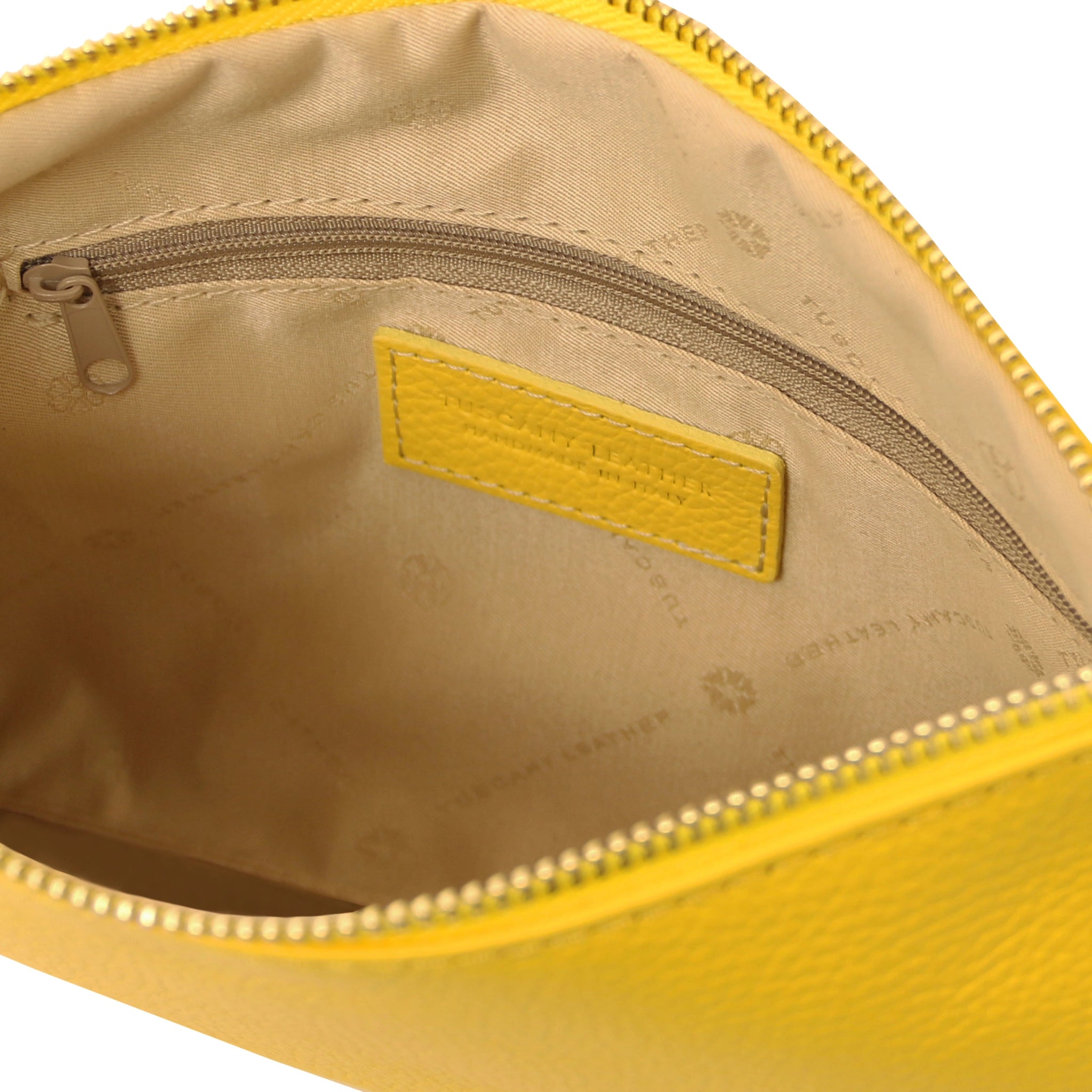 TL Bag Soft Italian Leather Clutch in Yellow Interior View showing the zi[[ered pocket