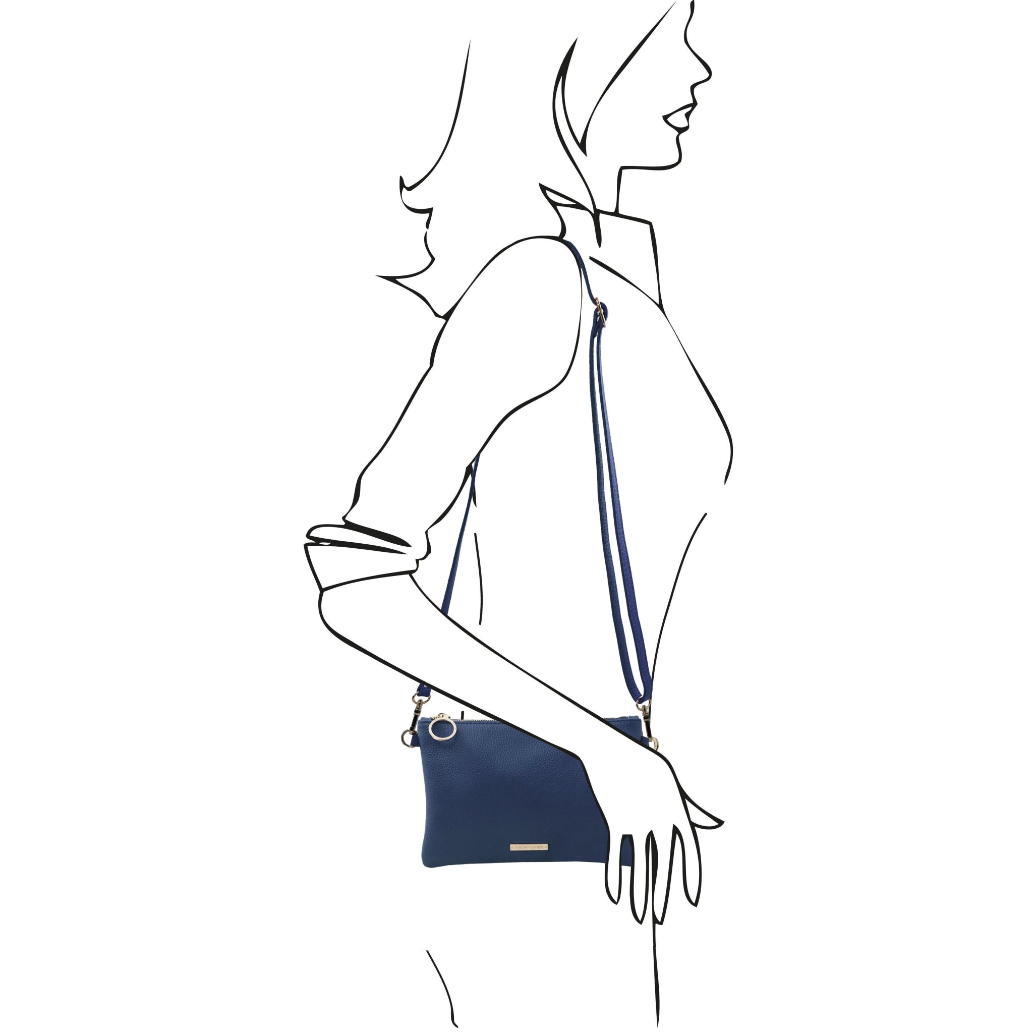 TL Bag Soft Leather Clutch in Dark Blue on sketched model showing shoulder strap
