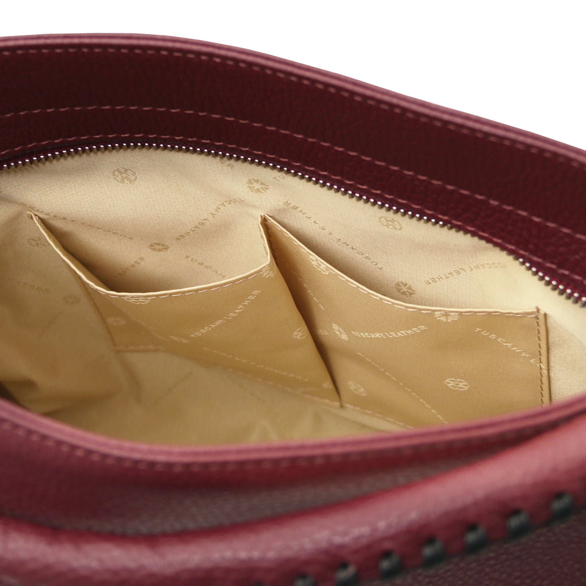 Interior open pocket view TL Bag Soft Leather Handbag Bordeaux with beige lining