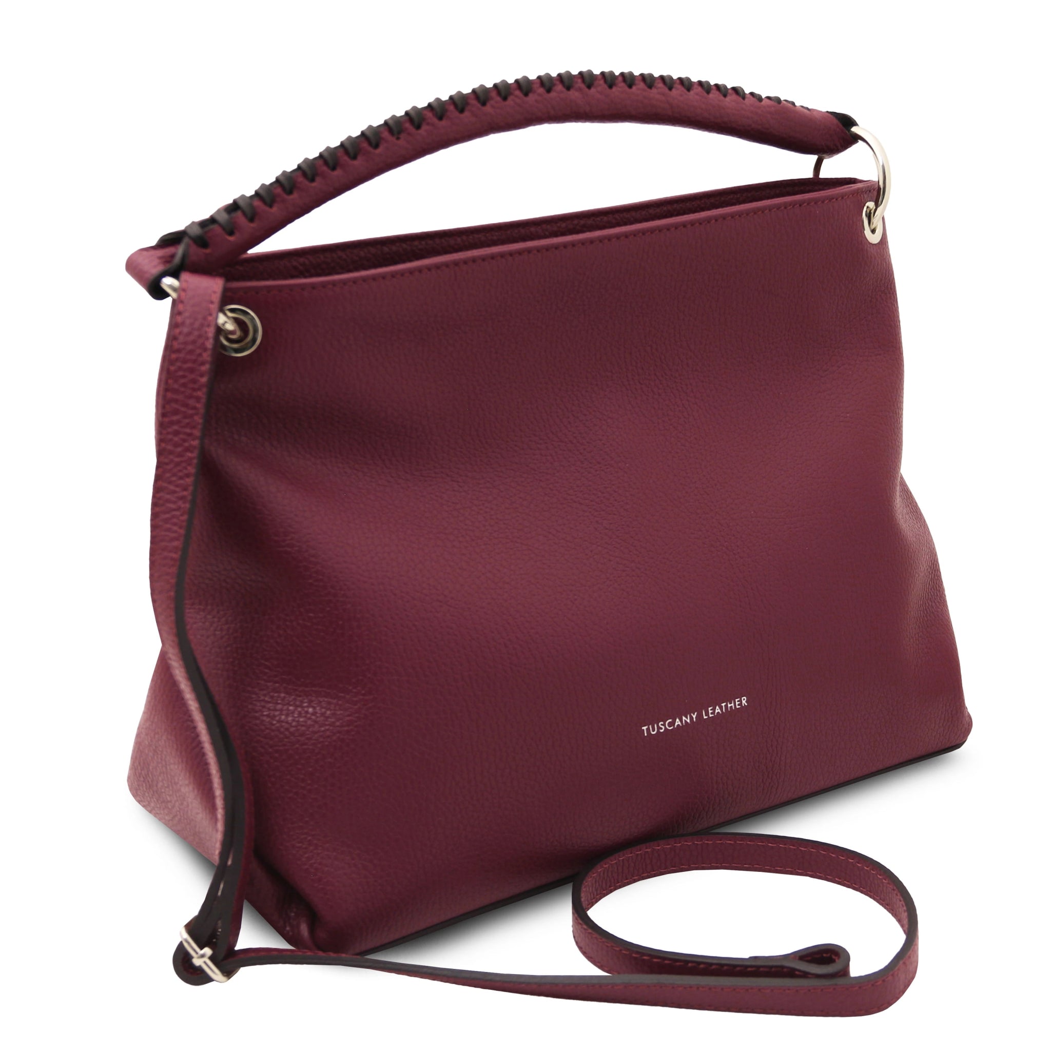 Front Side view TL Bag Soft Leather Handbag in Bordeaux with shoulder strap