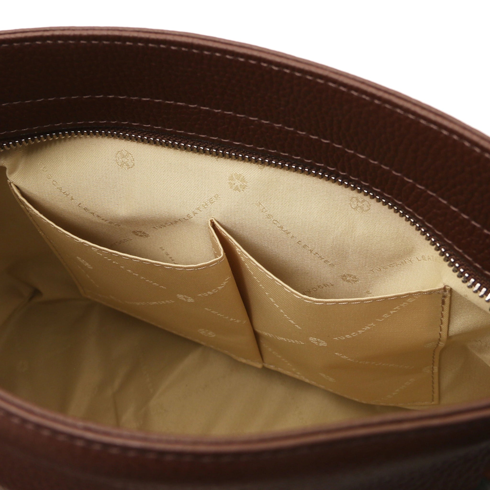 Interior open pocket view TL Bag Soft Leather Handbag Coffee with beige lining