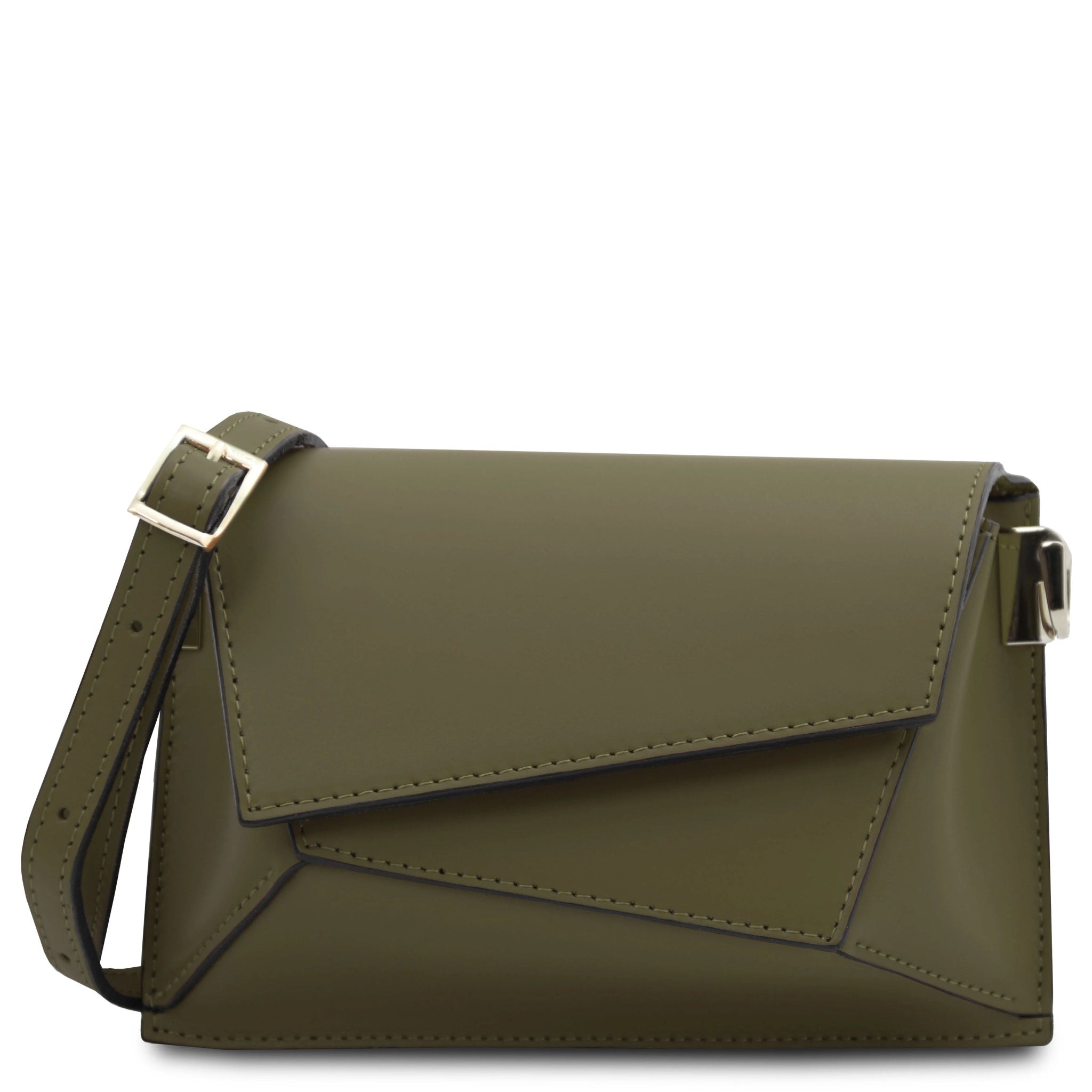 Front view TL Italian Leather Asymmetrical Shoulder Bag forest green on white background
