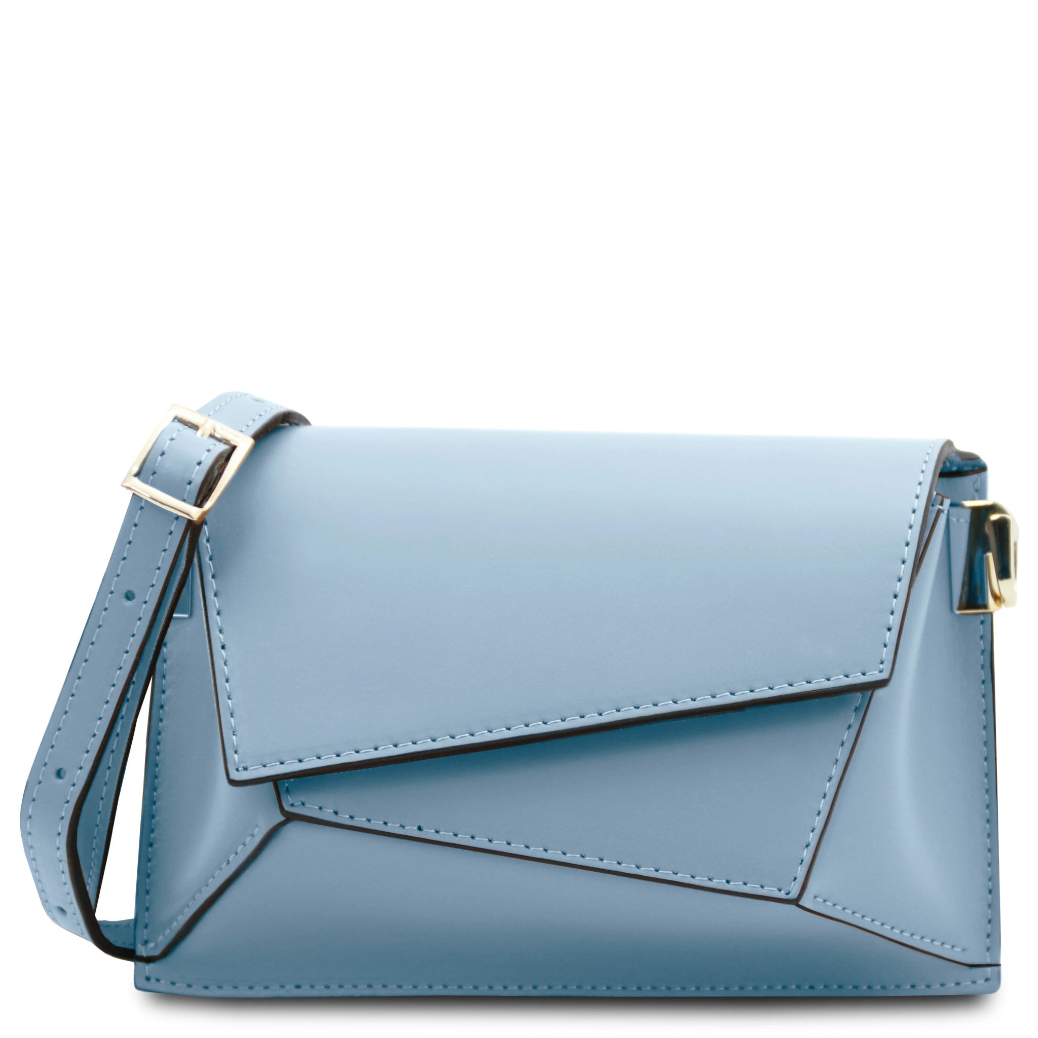 Front view TL Leather Assymetrical Shoulder Bag  in Azure showing geometric stitching design and shoulder strap