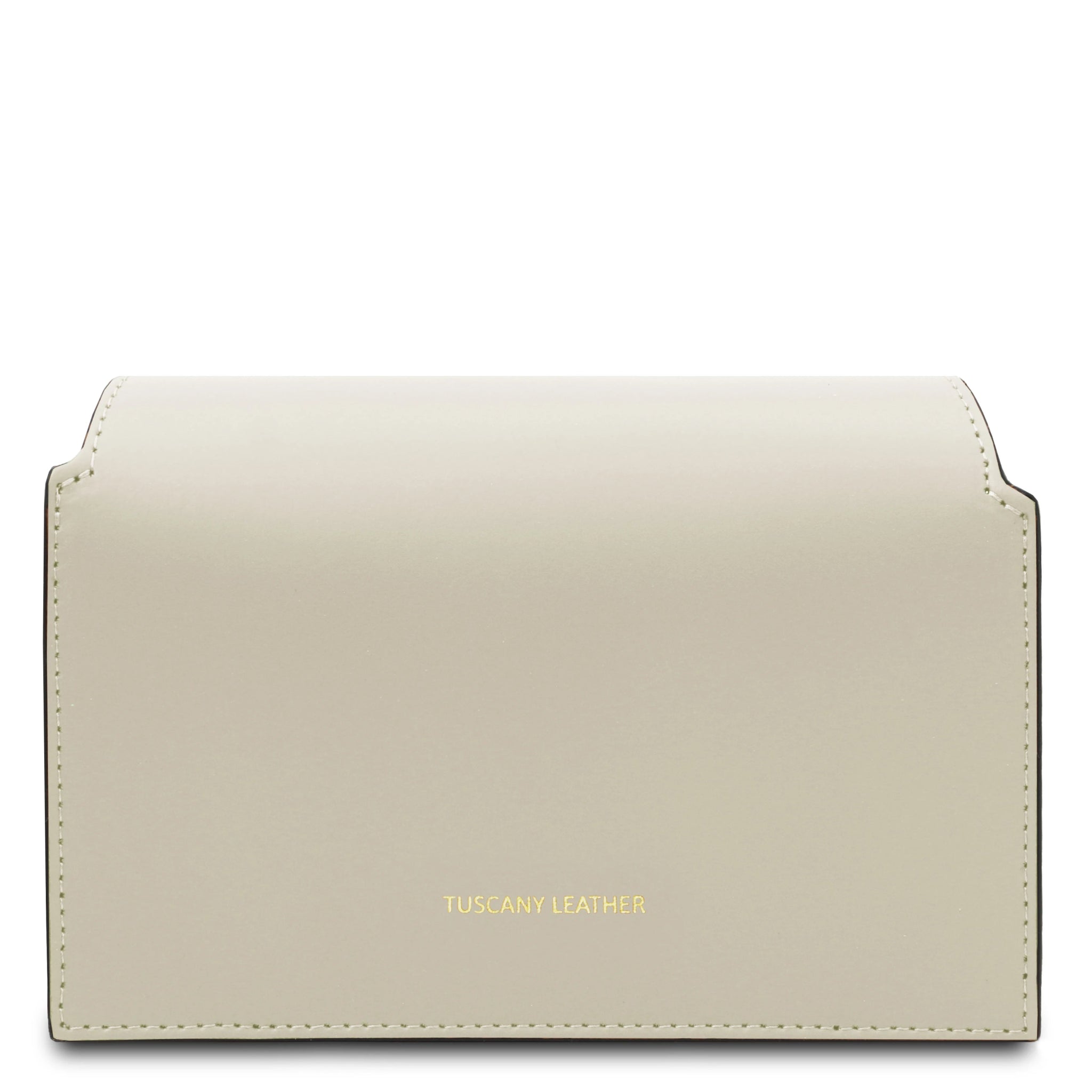 Back view TL Leather Assymetrical Shoulder Bag  in Beige showing Tuscany Leather gold branding