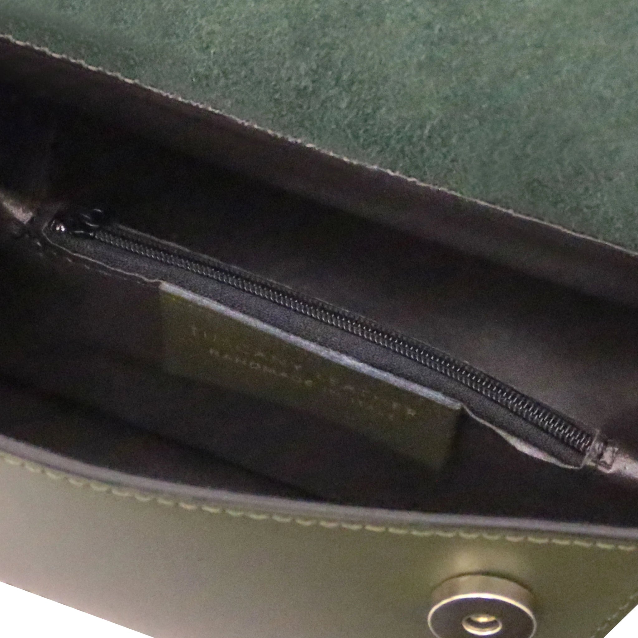 Interior zip pocket view TL Italian Leather Assymetrical Shoulder Bag in forest green