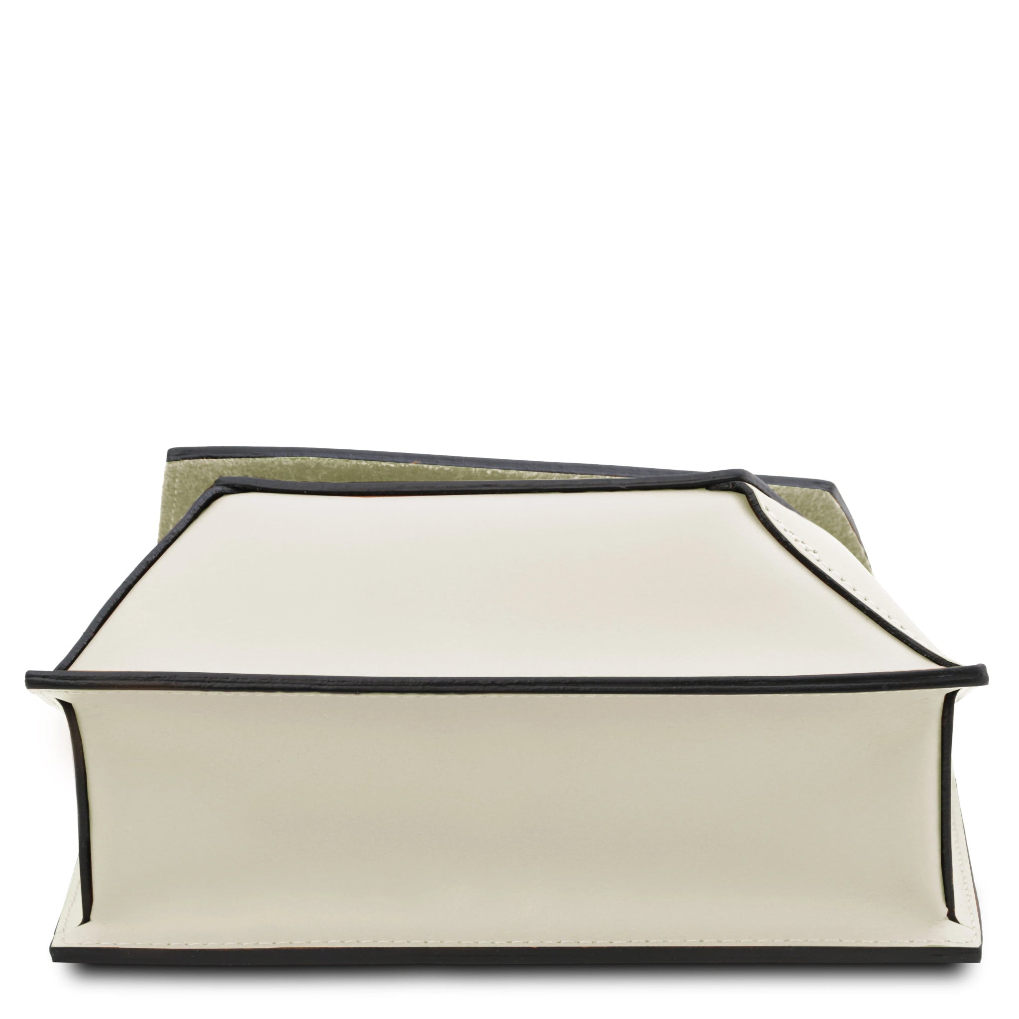 Bottom view TL Leather Assymetrical Shoulder Bag in Beige showing edged leather finish