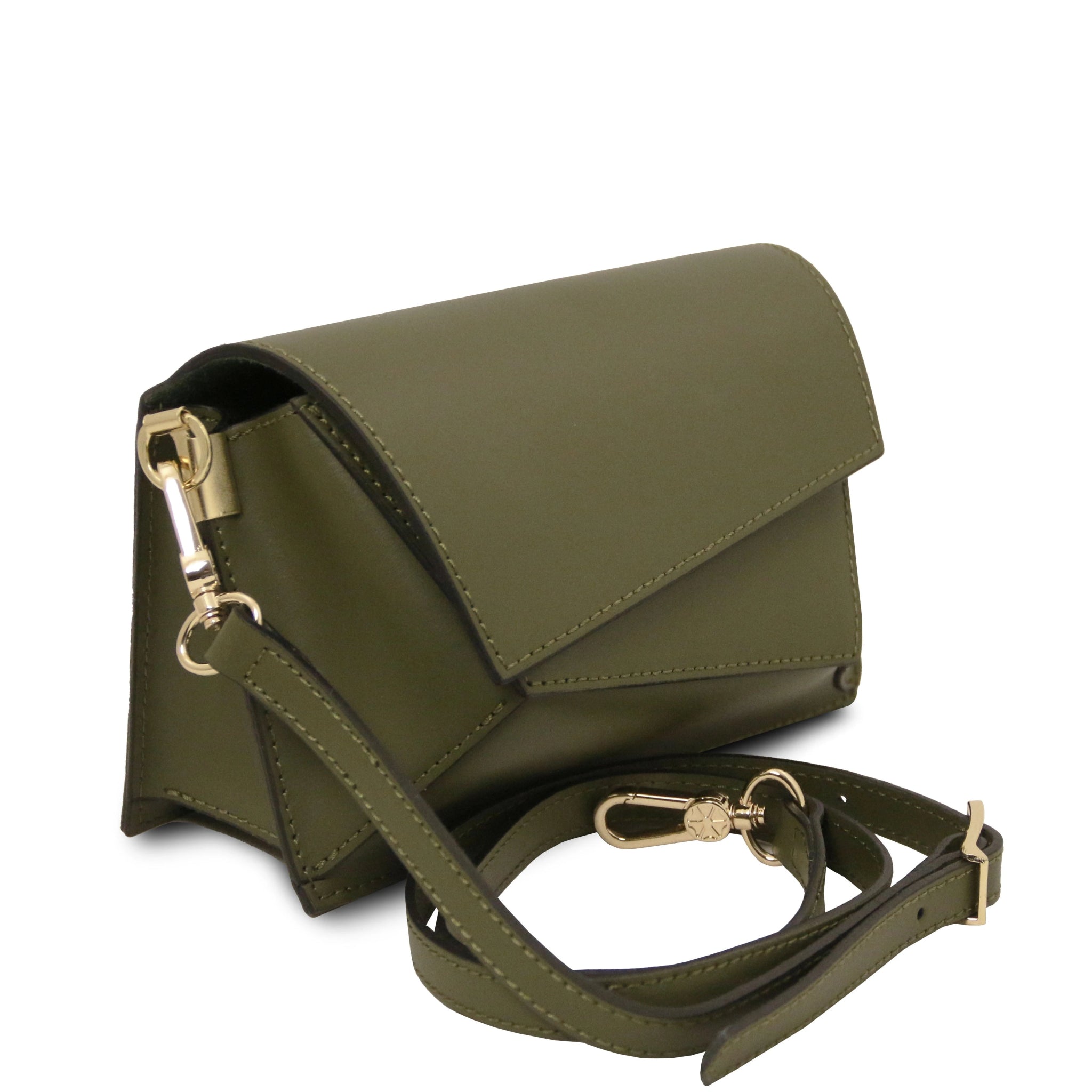 TL Italian Leather Asymmetrical Shoulder Bag forest green with shoulder strap