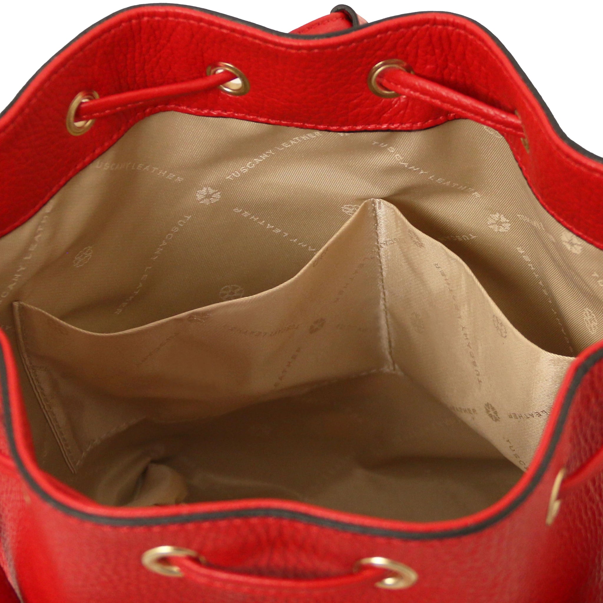 Interior open pocket view of TL Italian Leather Bucket Bag in red with beige lining