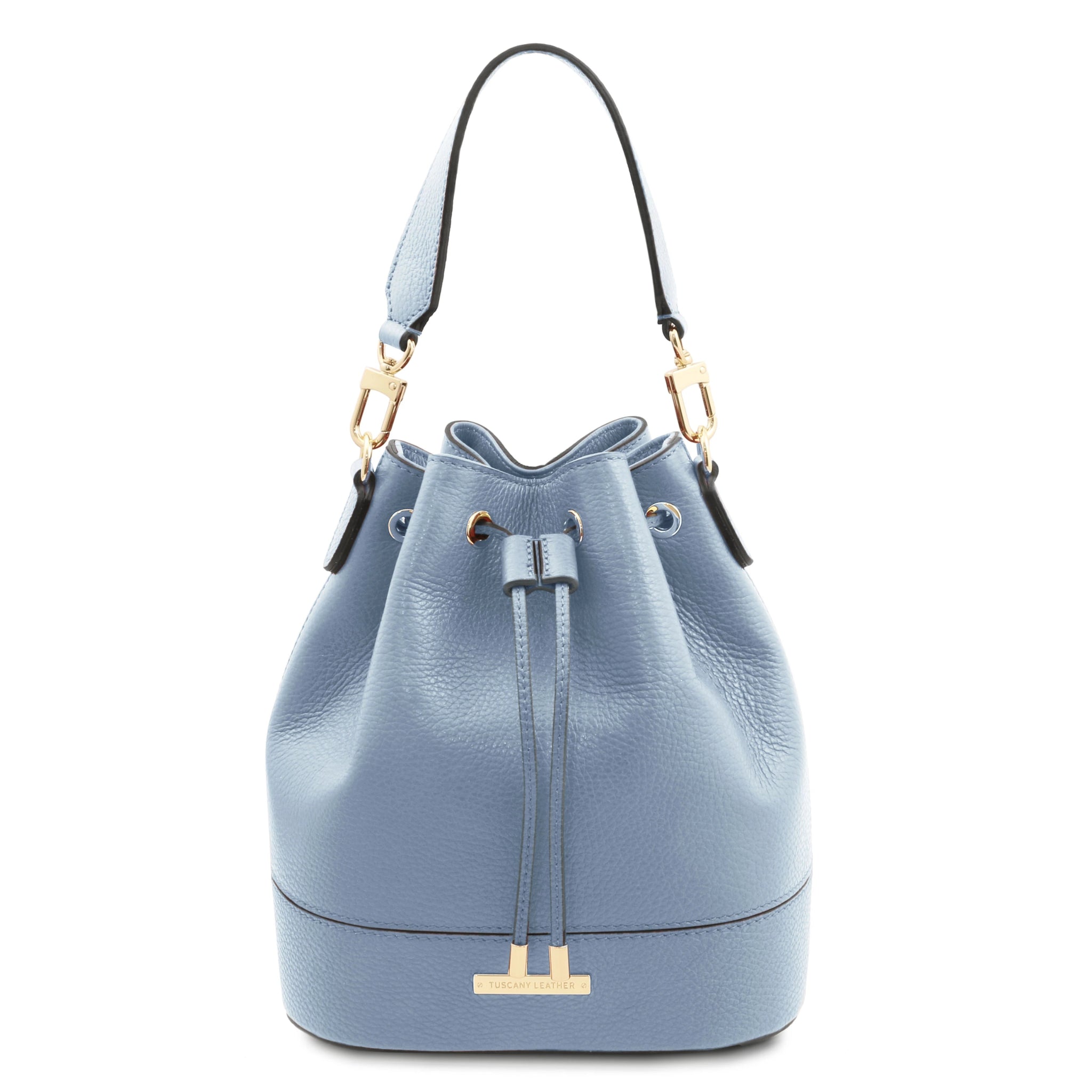 Front view TL Italian Leather Bucket Bag in light blue showing drawstring and handle with gold hardware
