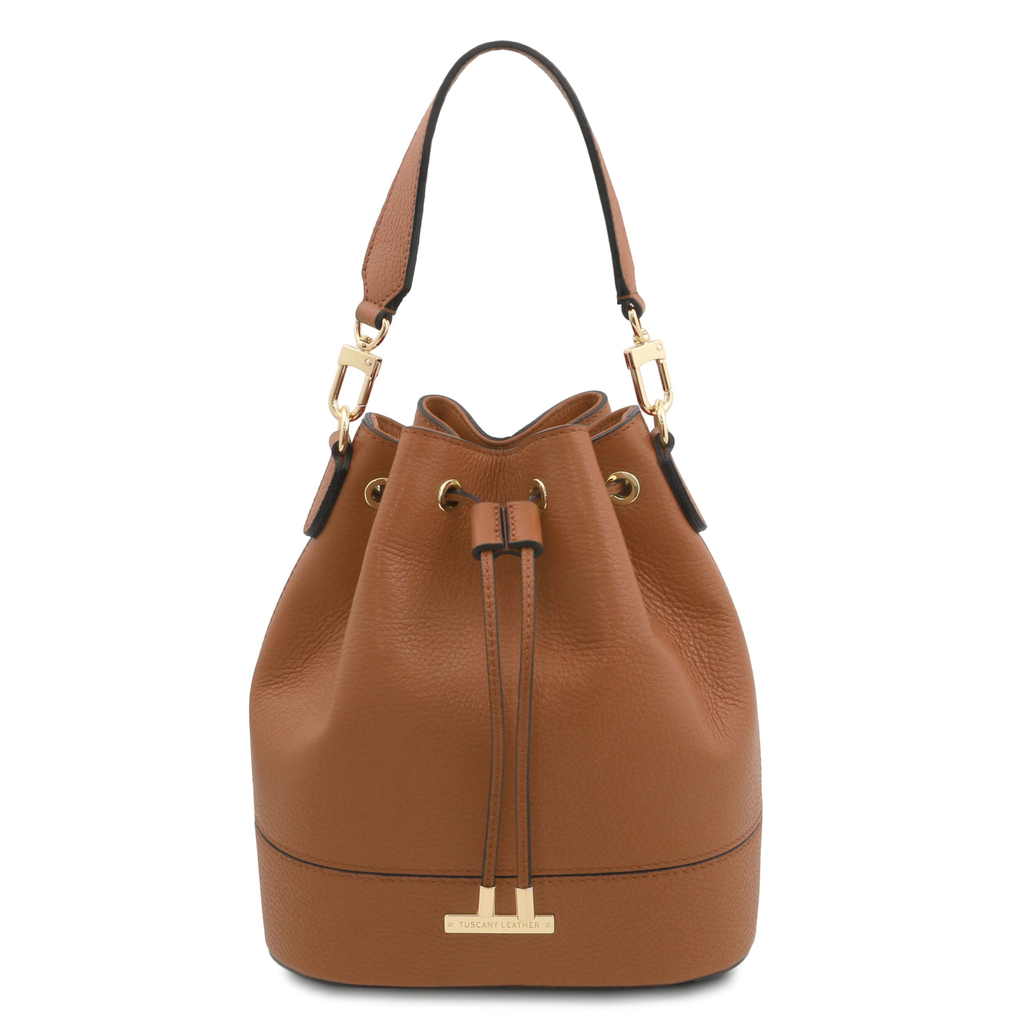 Front view TL Italian Leather Bucket Bag in cognac showing drawstring and handle with gold hardware