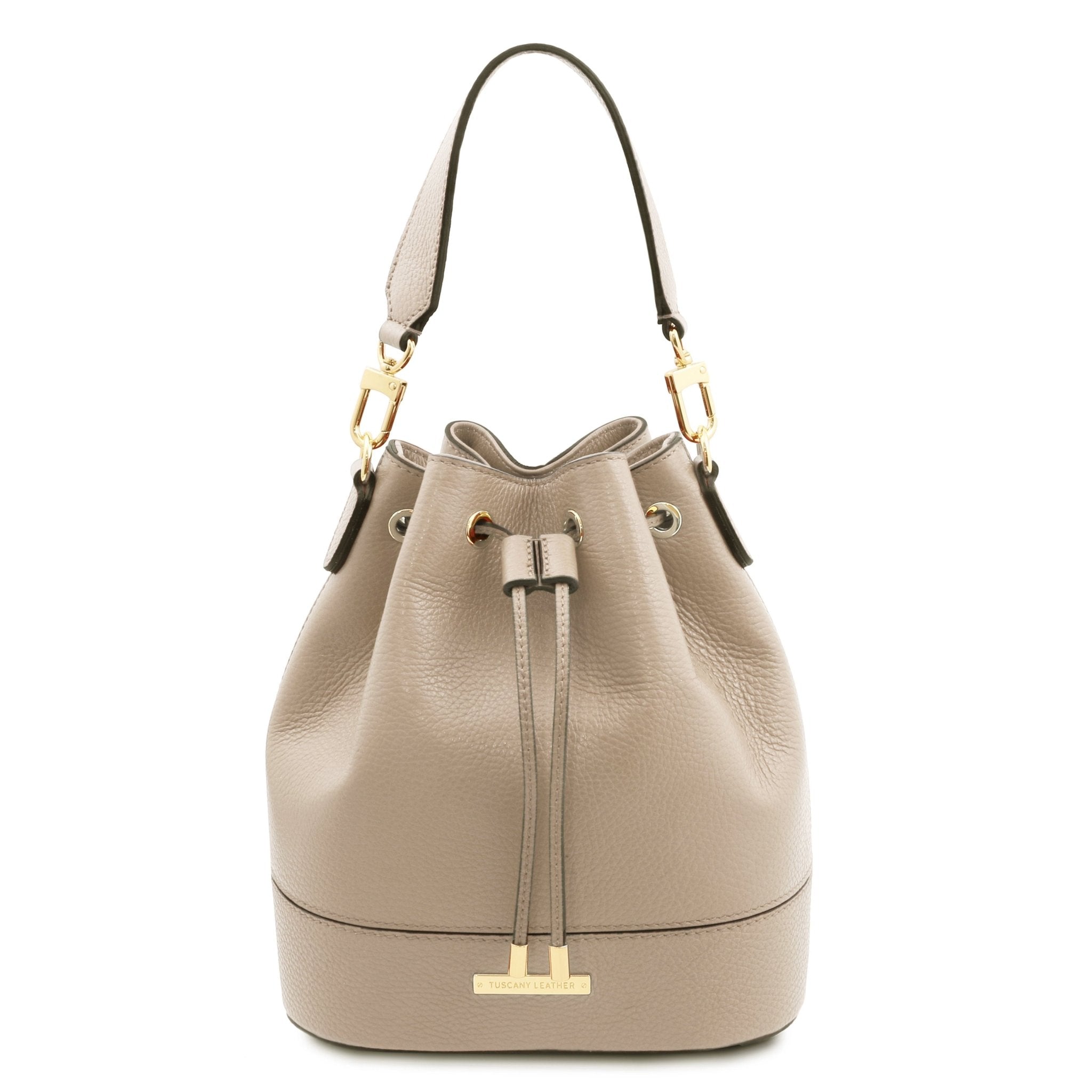 Front view TL Italian Leather Bucket Bag in light taupe with drawstring and gold hardware