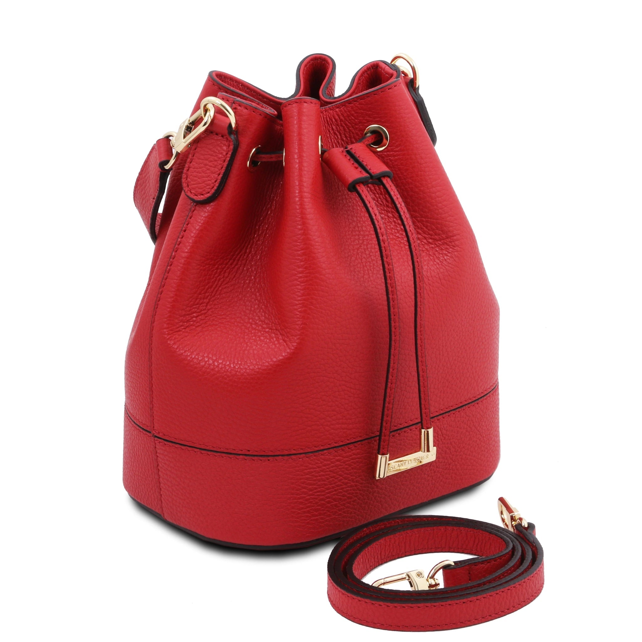 Front angled view TL Italian Leather Bucket Bag in red showing drawstring, handle, and detachable shoulder strap