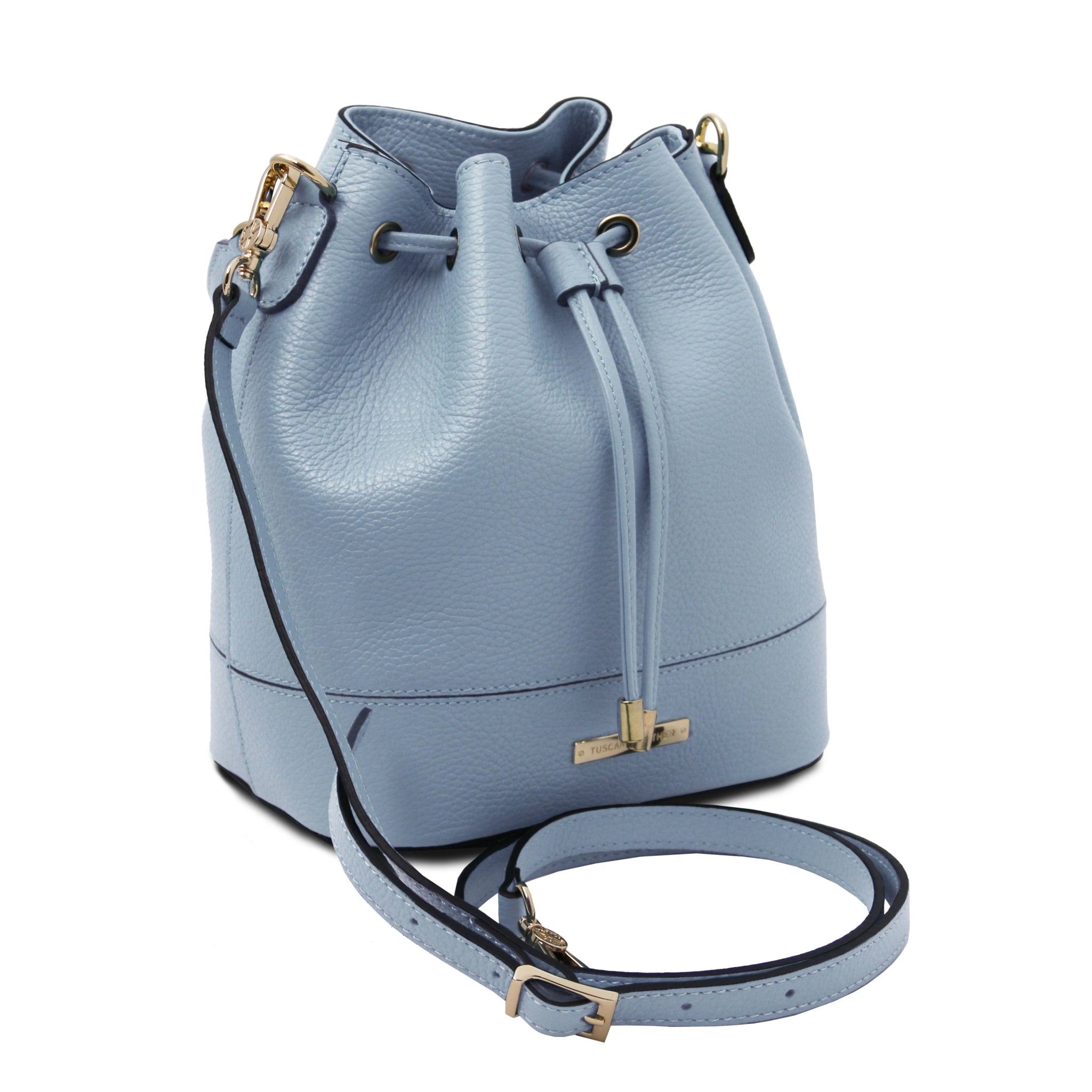 Front angled view TL Italian Leather Bucket Bag in light blue showing drawstring, handle and detachable shoulder strap