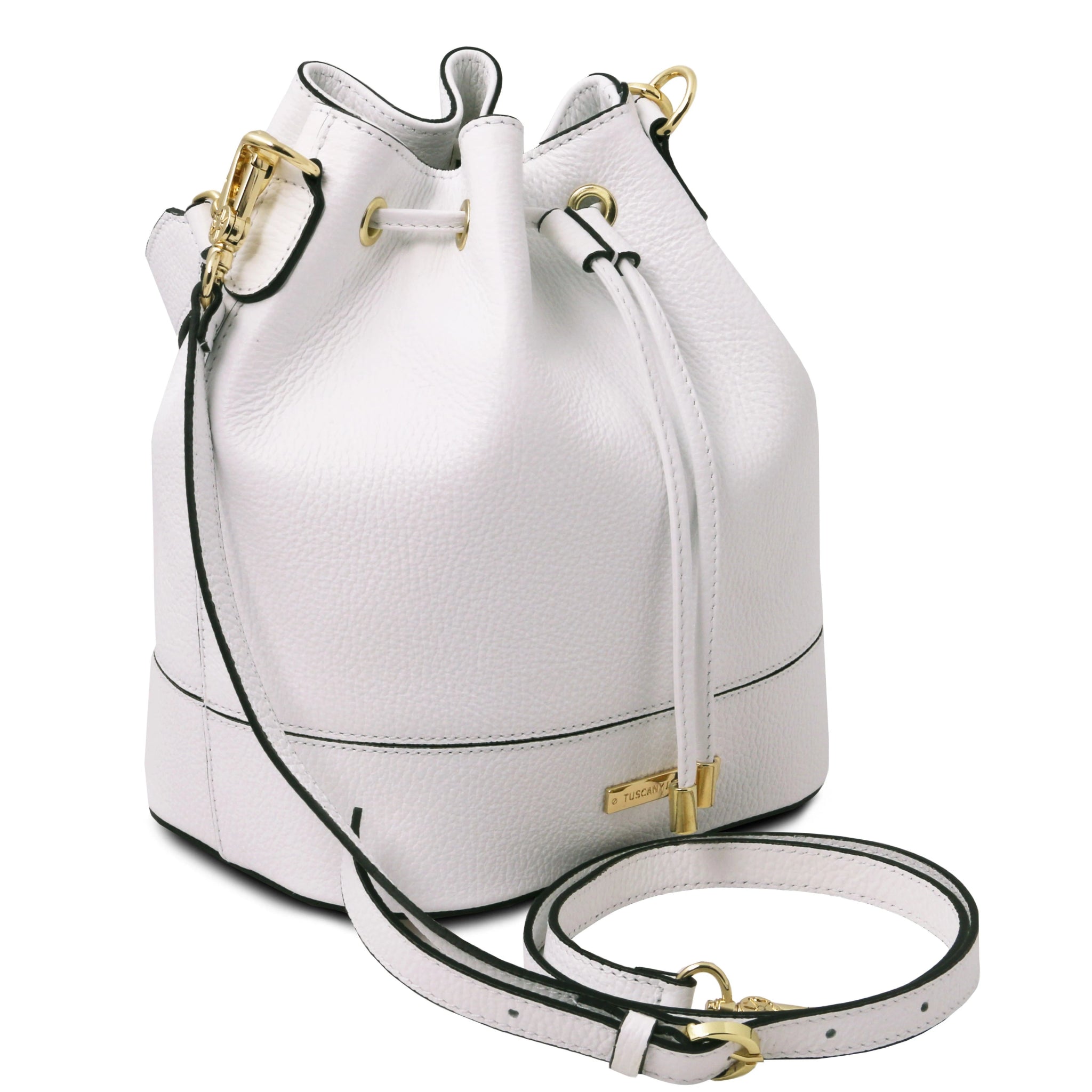 Front angled view TL Italian Leather Bucket Bag in white with handle and detachable shoulder strap