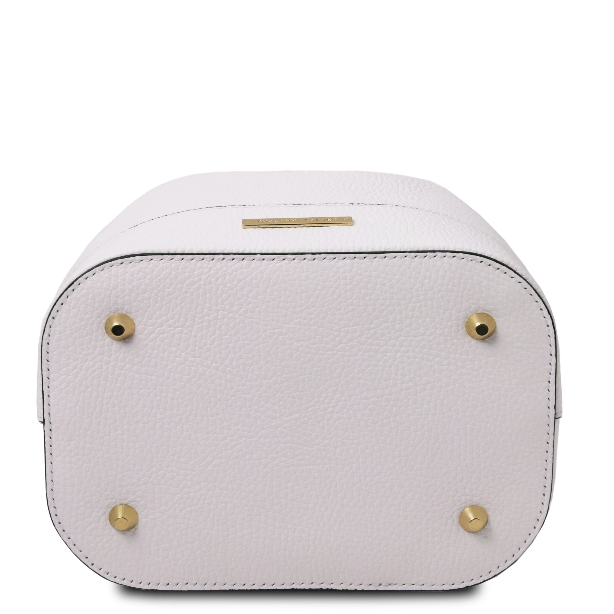 Bottom view TL Italian Leather Bucket Bag in white with four gold protective feet