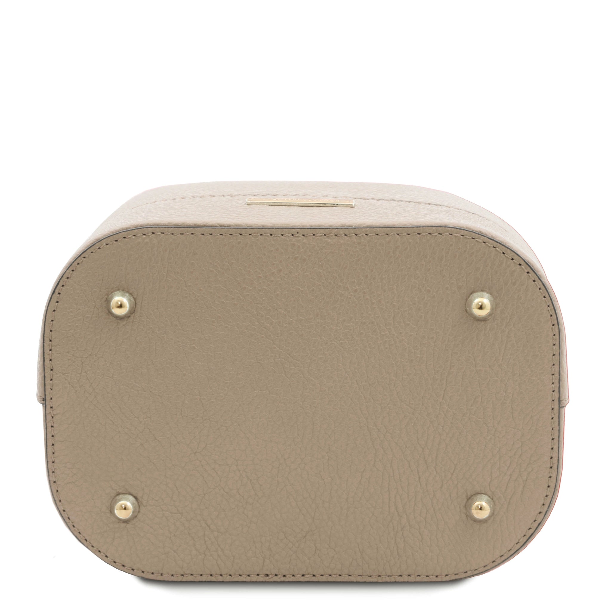 Bottom view TL Italian Leather Bucket Bag in light taupe showing gold feet