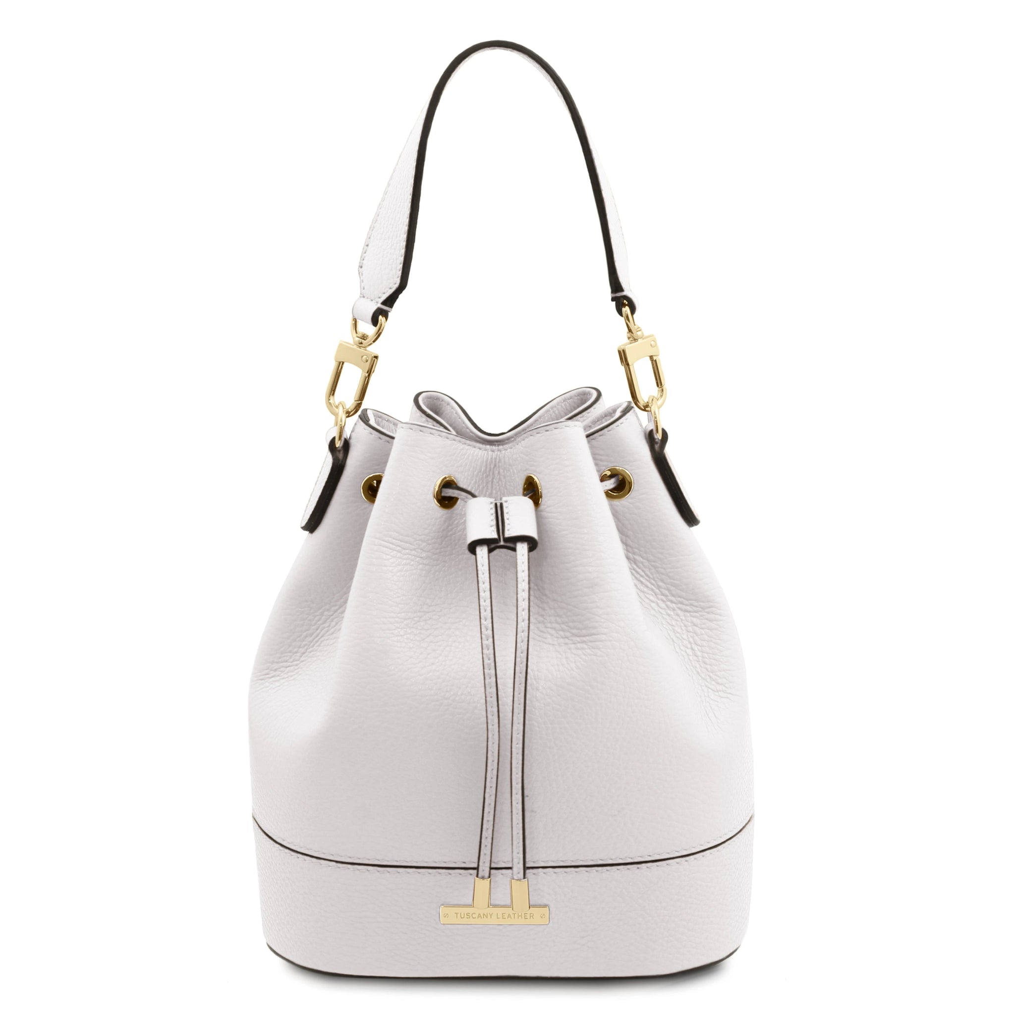 Front view TL Italian Leather Bucket Bag in white with drawstring and gold hardware