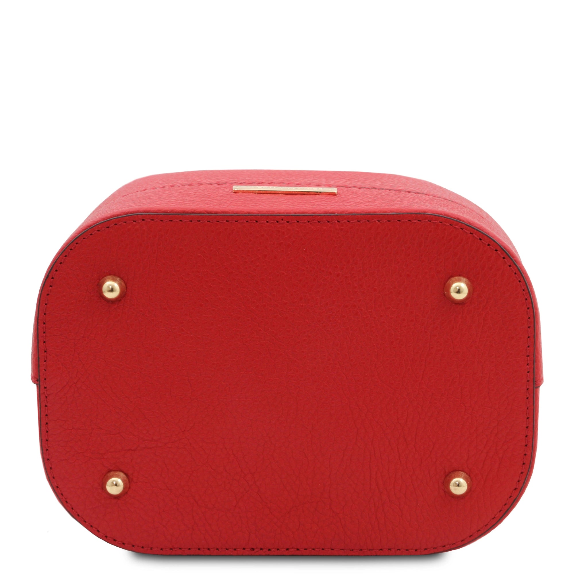 Bottom view TL Italian Leather Bucket Bag in red with protective gold feet
