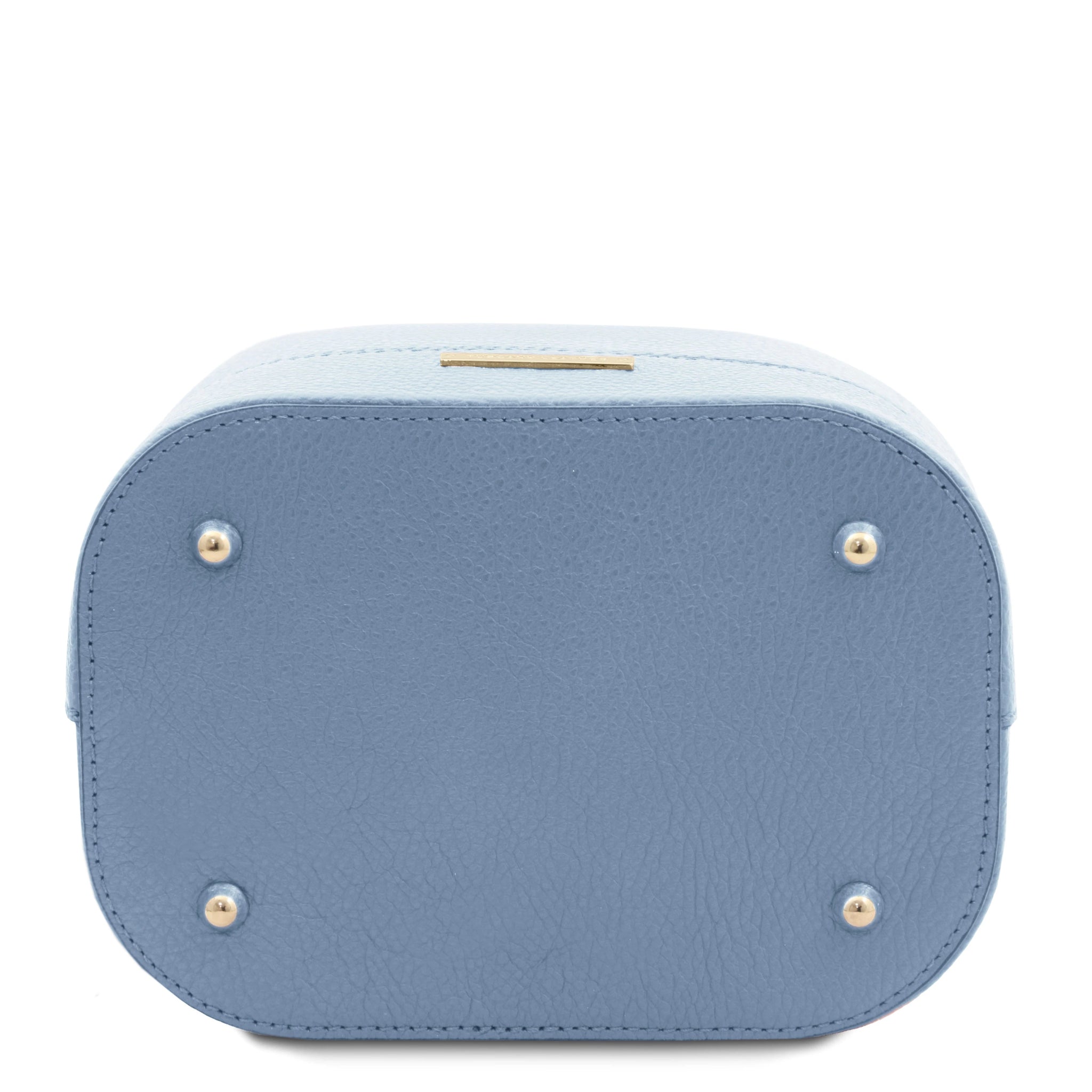 Bottom view TL Italian Leather Bucket Bag in light blue showing gold feet