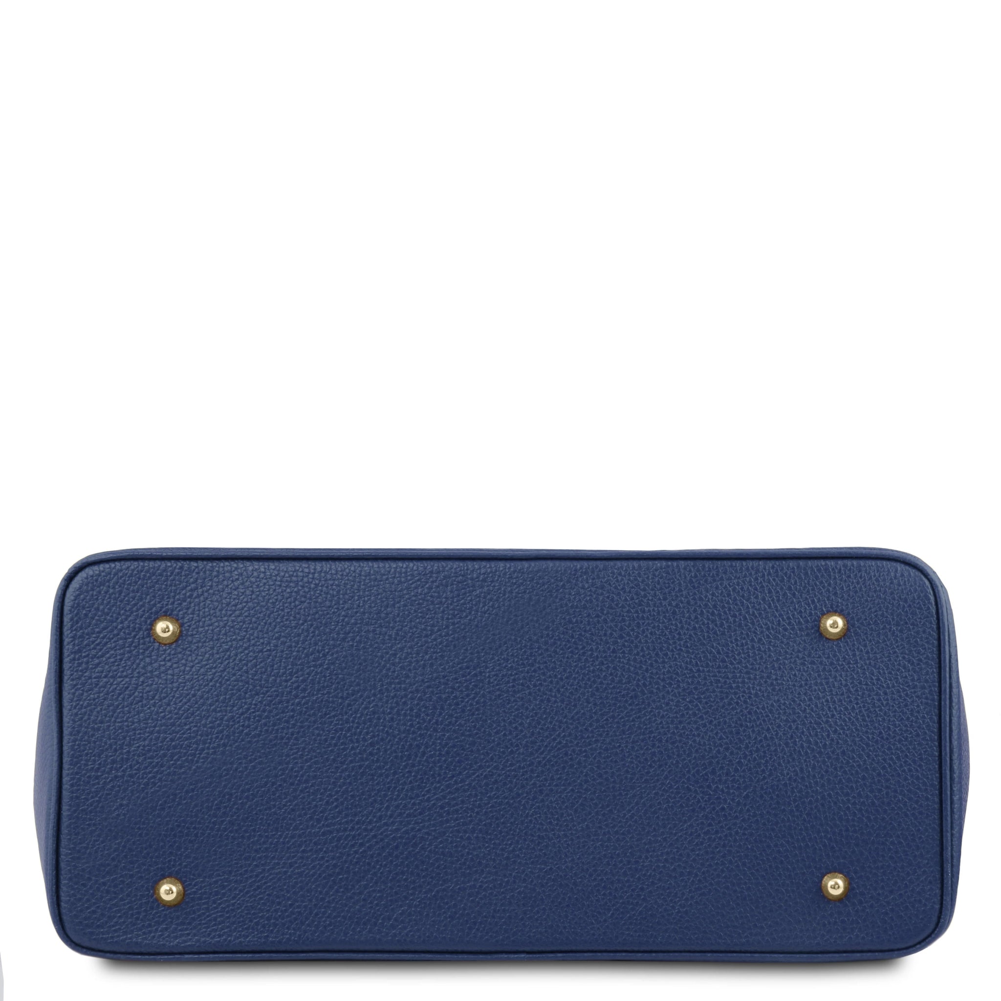 Bottom view TL Italian Leather Handbag with Golden Hardware in dark blue showing four protective feet