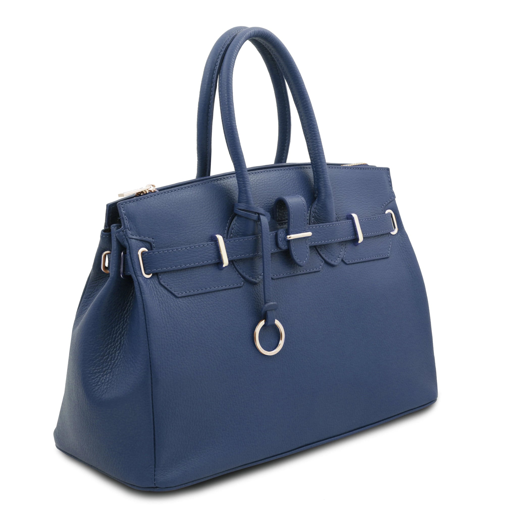 TL Italian Leather Handbag with Golden Hardware in dark blue, front angled view, on white background