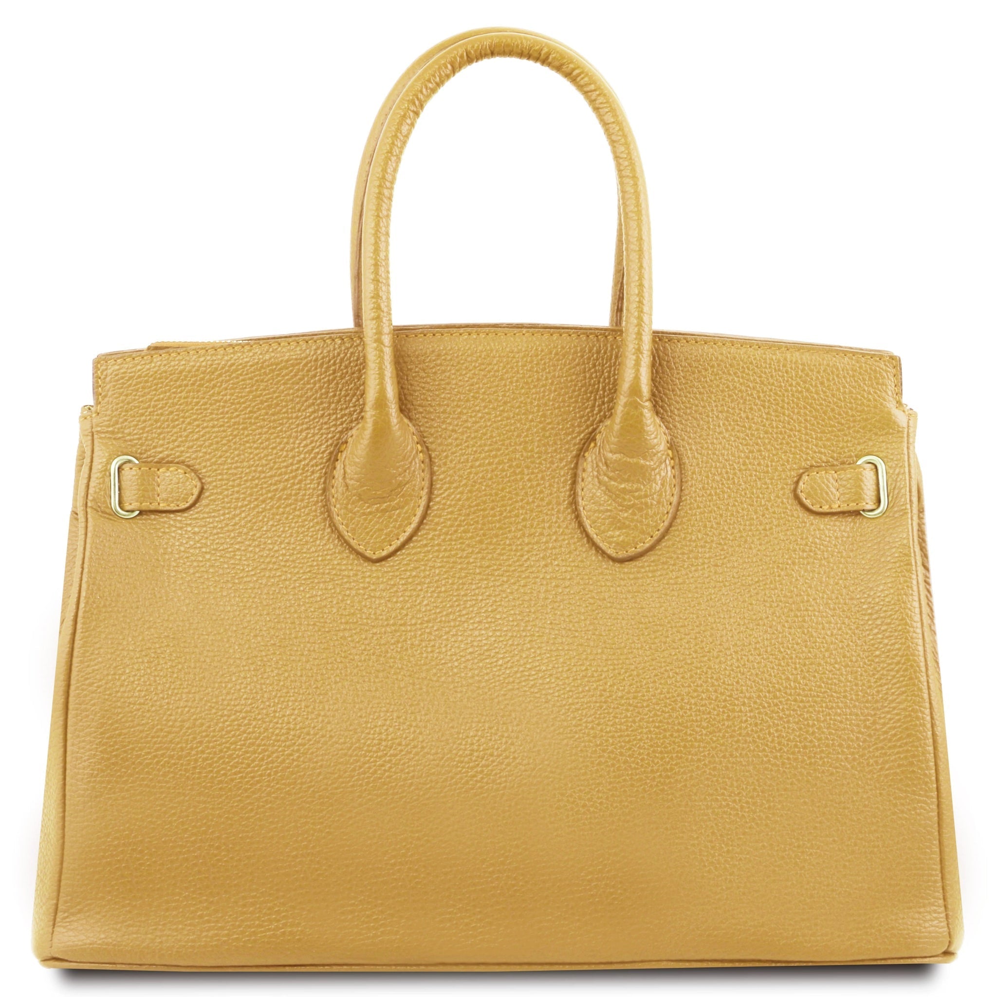 TL Italian Leather Handbag with Golden Hardware in pastel yellow back view, on white background