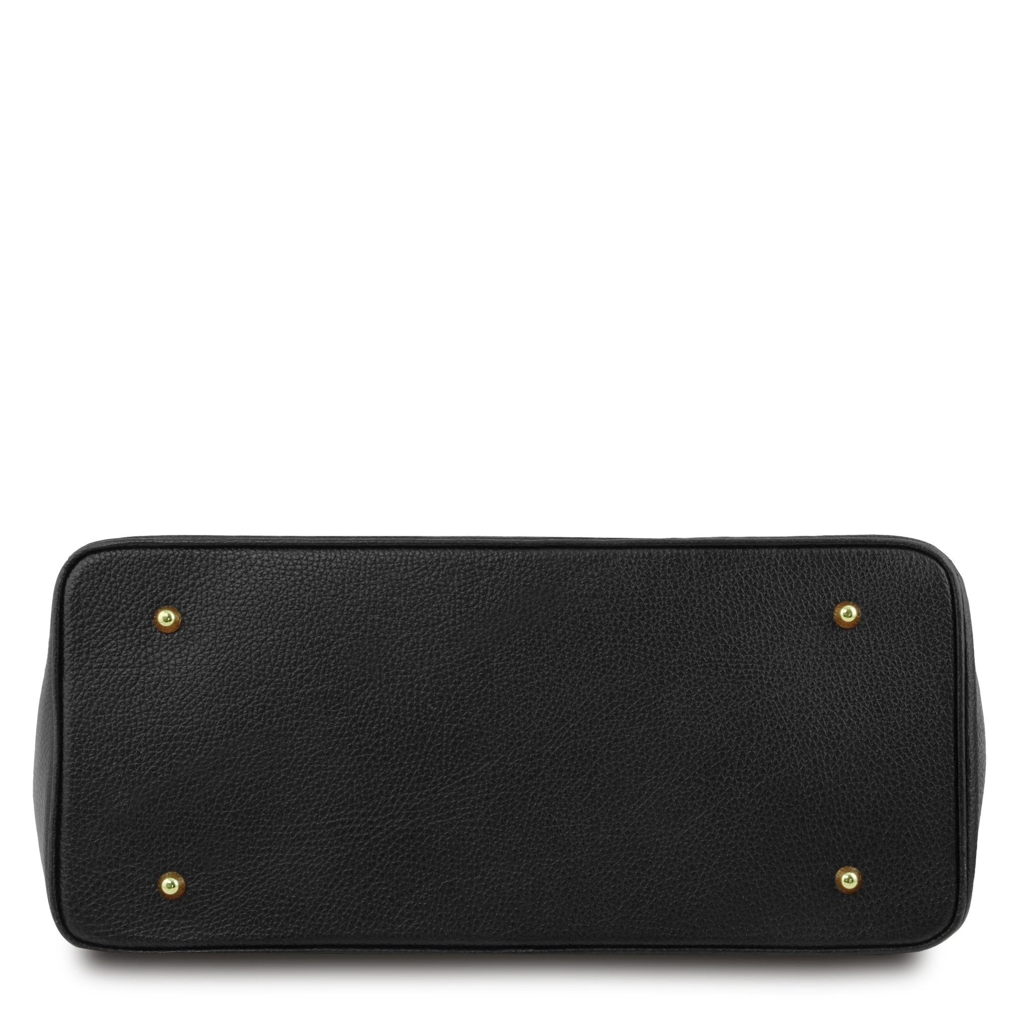 Bottom view TL Italian Leather Handbag with Golden Hardware in black showing four protective feet