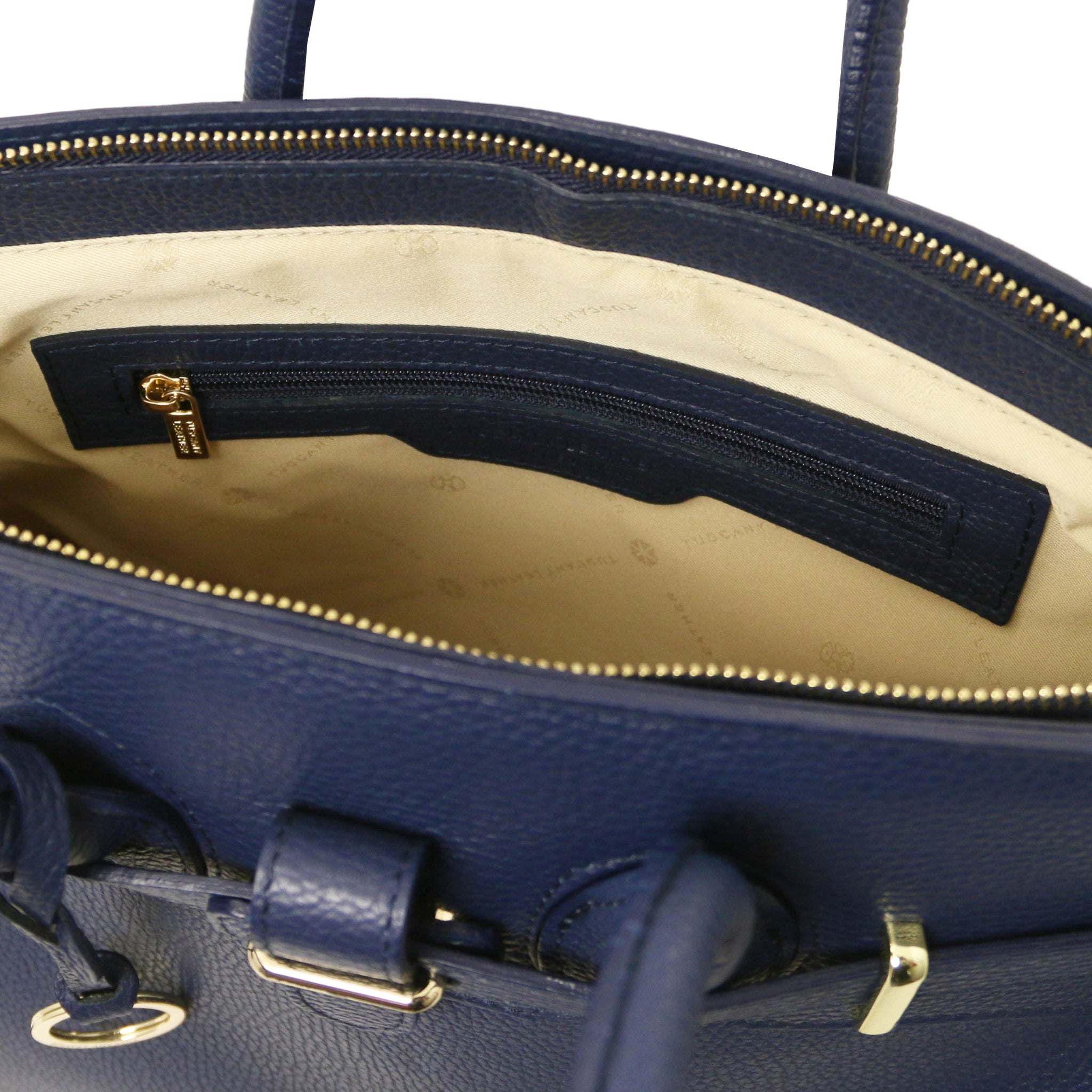 TL Italian Leather Handbag with Golden Hardware champagne, interior view of zippered pocket, beige lining