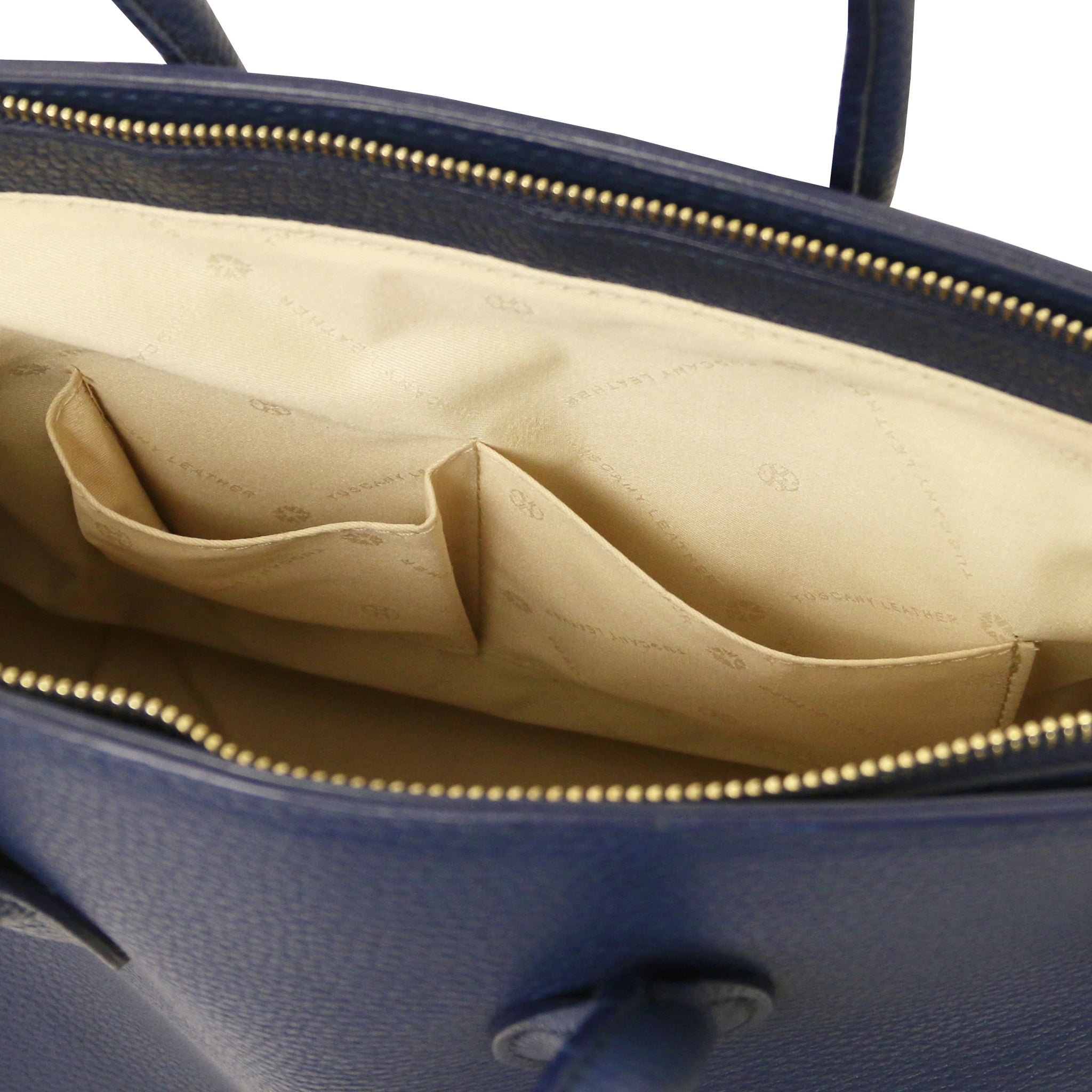 TL Italian Leather Handbag with Golden Hardware champagne, interior view of open pockets, beige lining