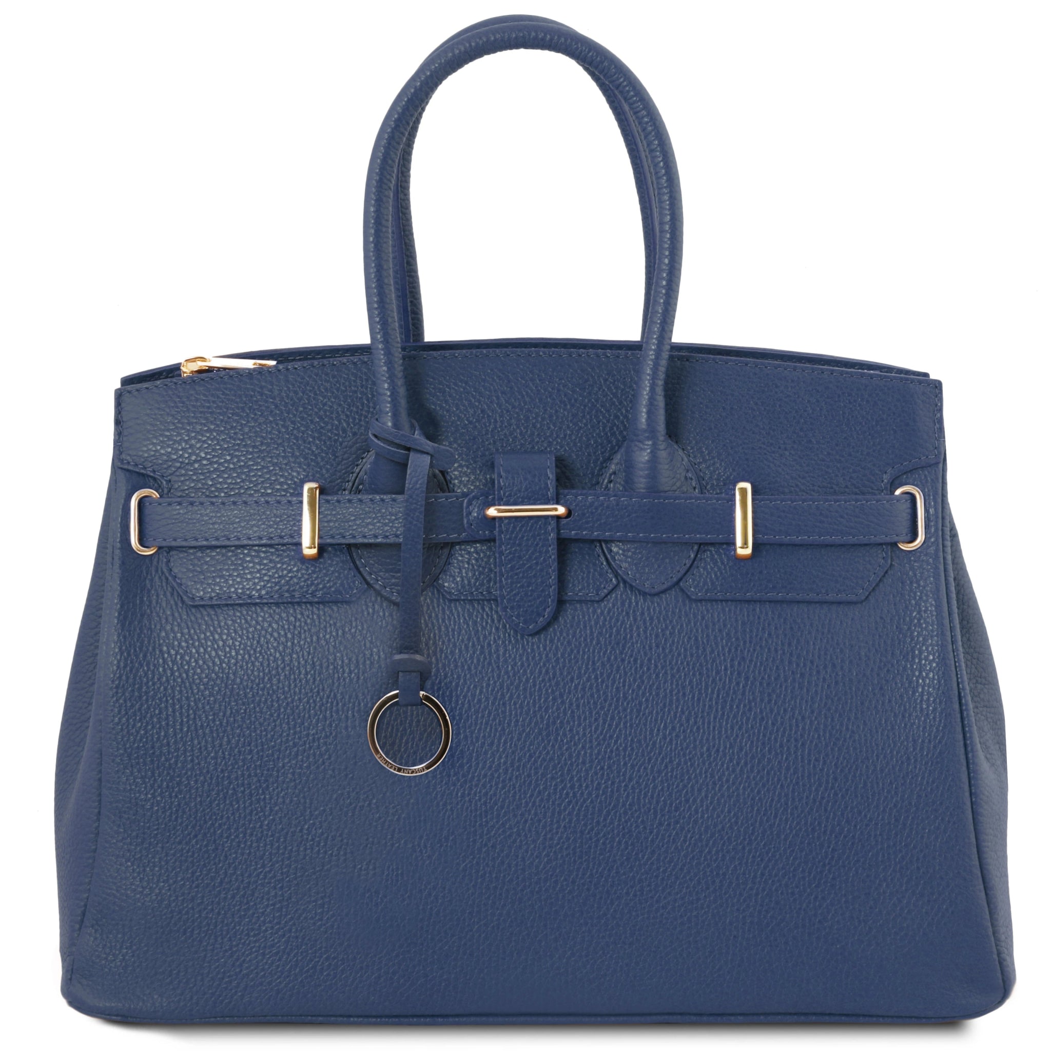 TL Italian Leather Handbag with Golden Hardware in dark blue, front view, on white background