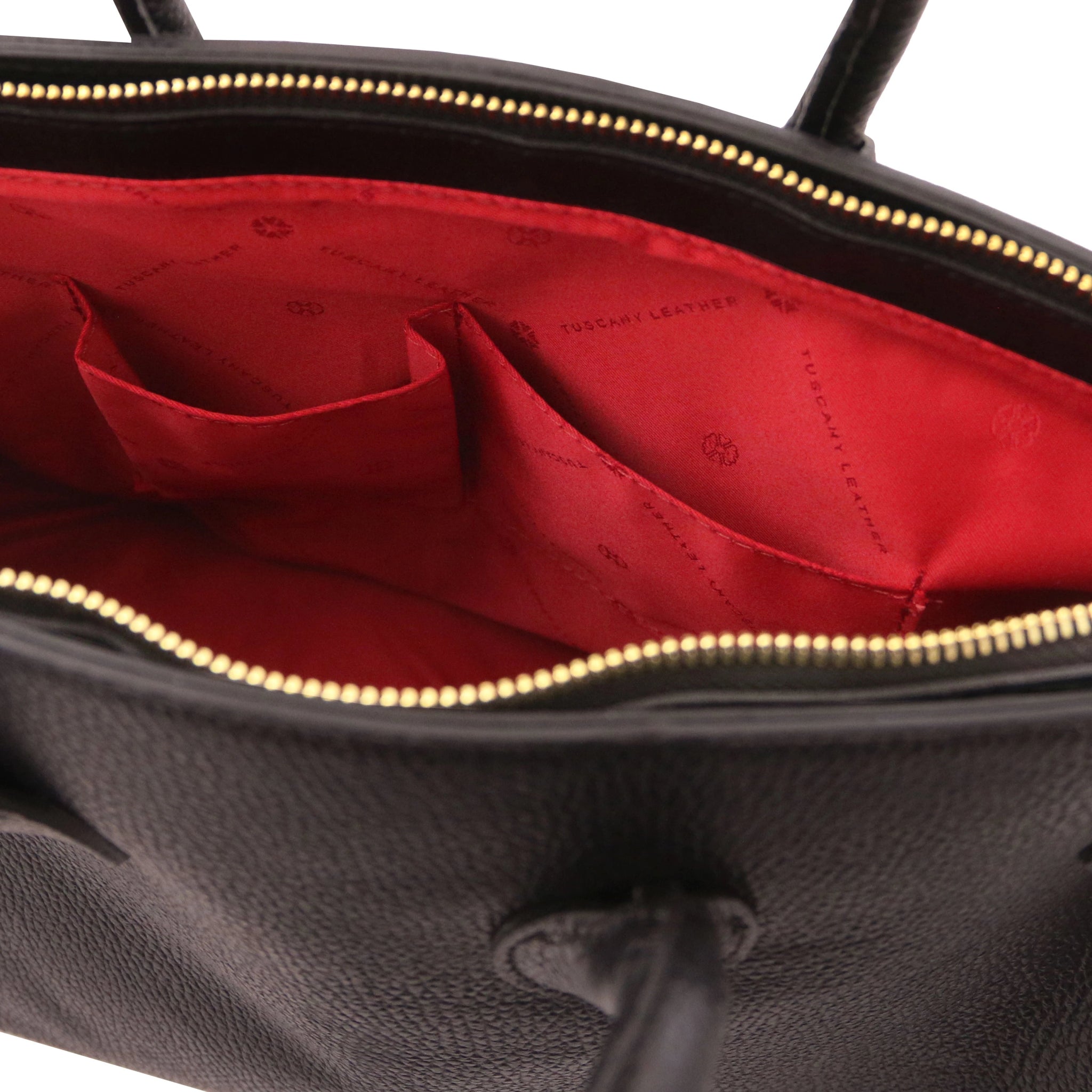 Interior open pockets view TL Italian Leather Handbag with Golden Hardware in black showing red bag lining