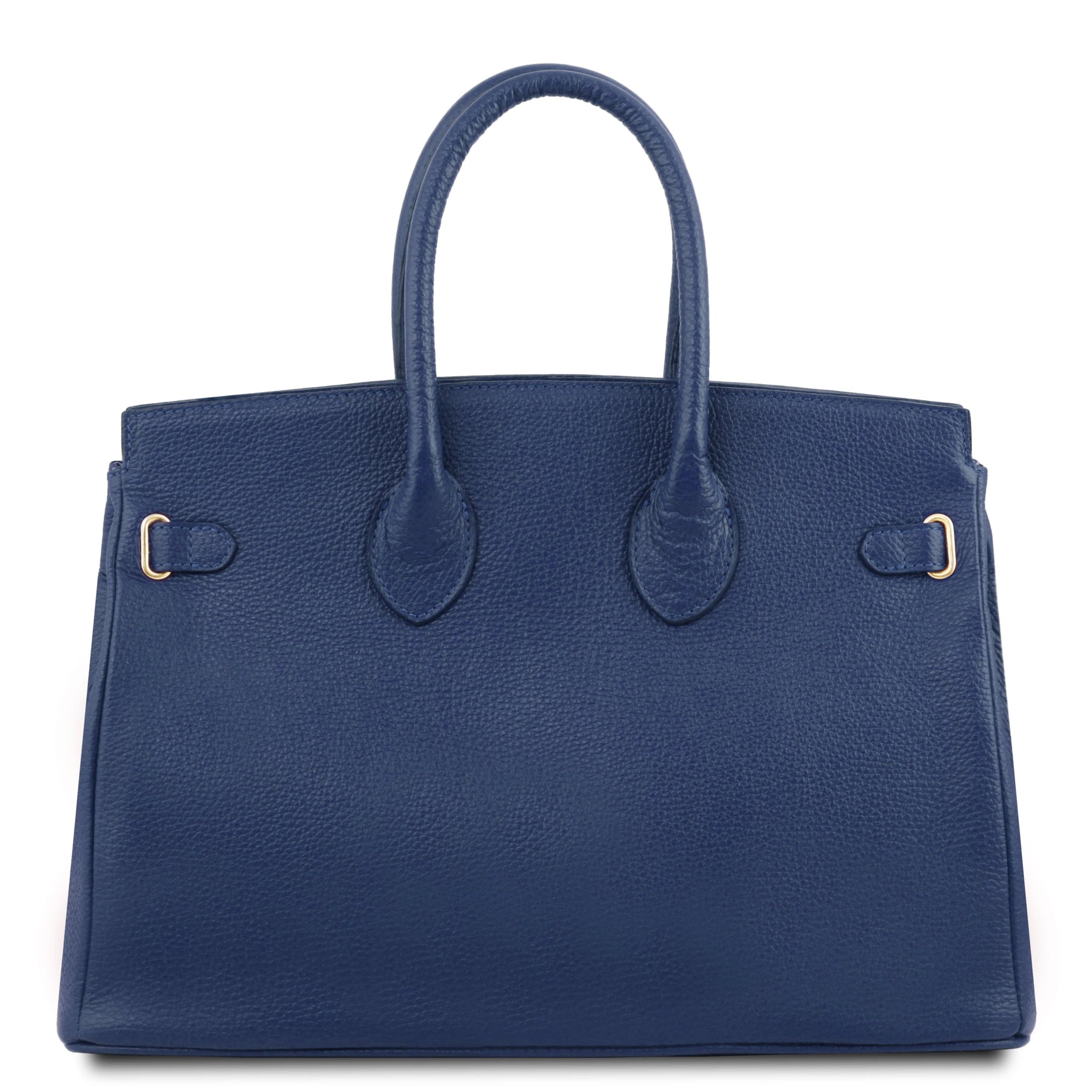 TL Italian Leather Handbag with Golden Hardware in dark blue, back view, on white background