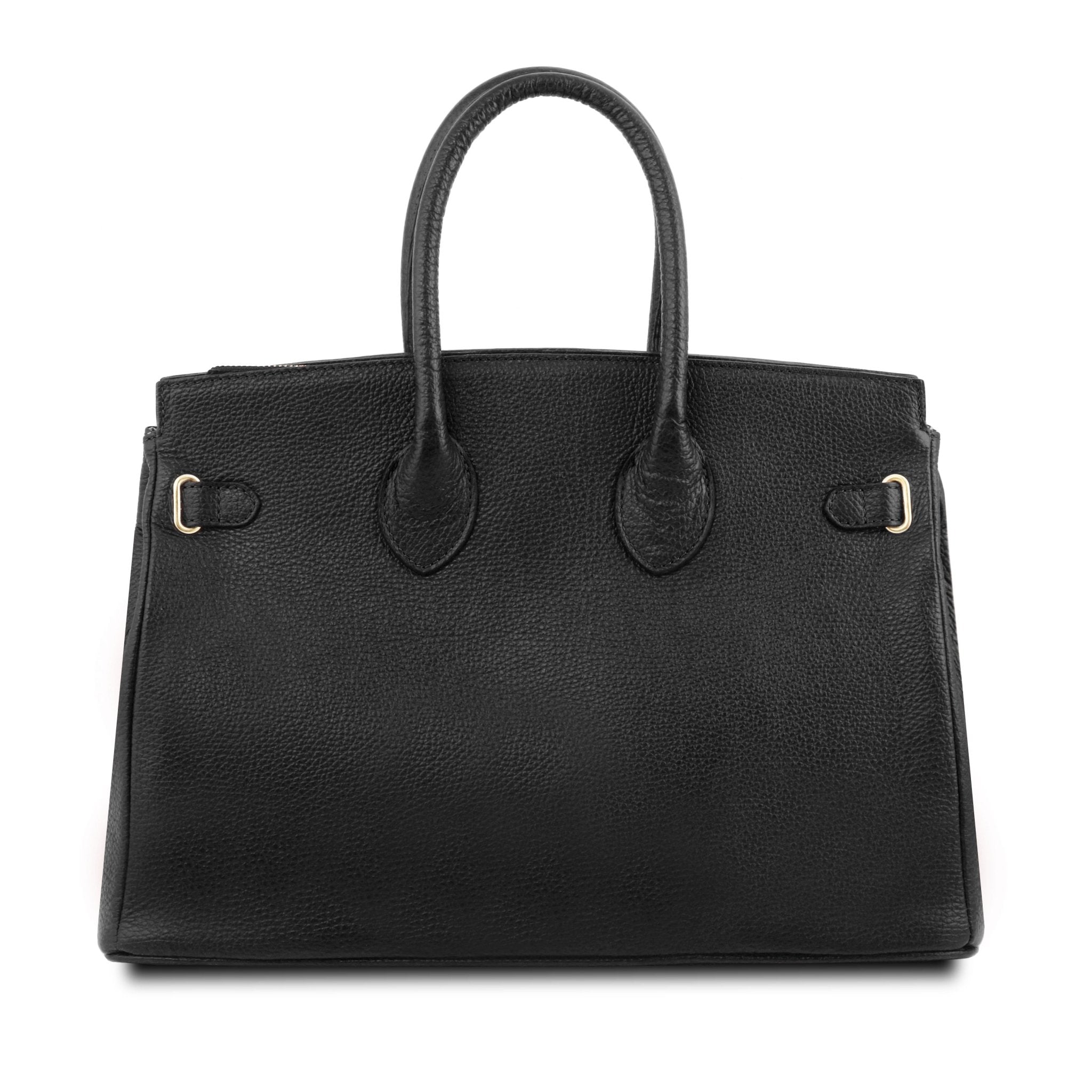 Back view TL Italian Leather Handbag with Golden Hardware in black on a white background