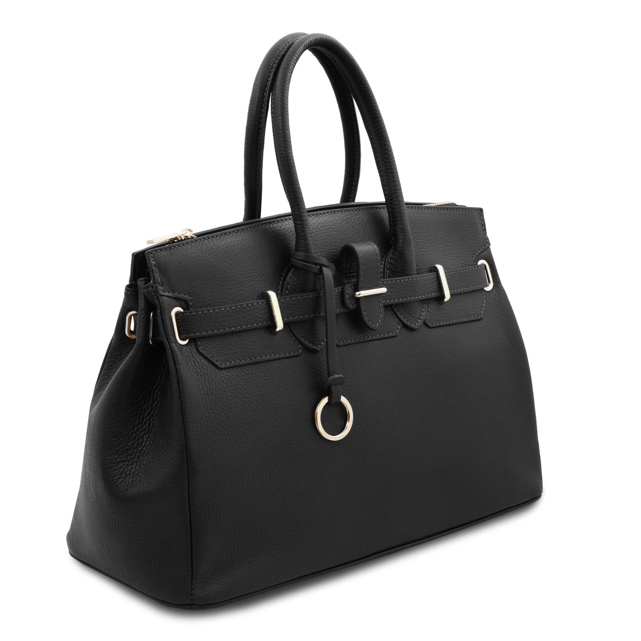 Side view TL Italian Leather Handbag with Golden Hardware in black with gold toned hardware