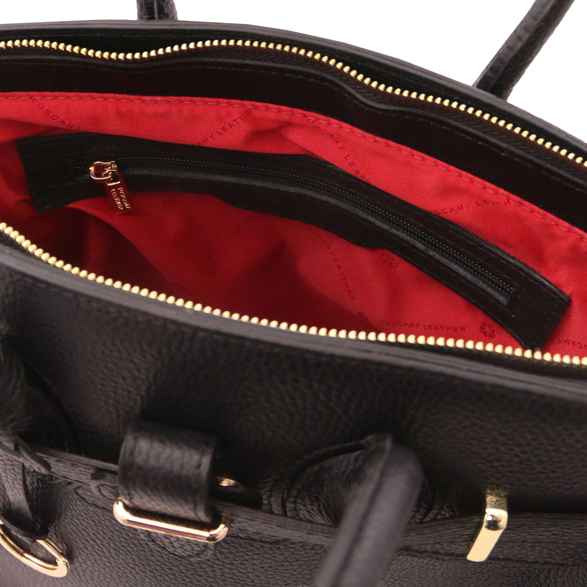 Interior zippered pockets view TL Italian Leather Handbag with Golden Hardware in black showing red bag lining