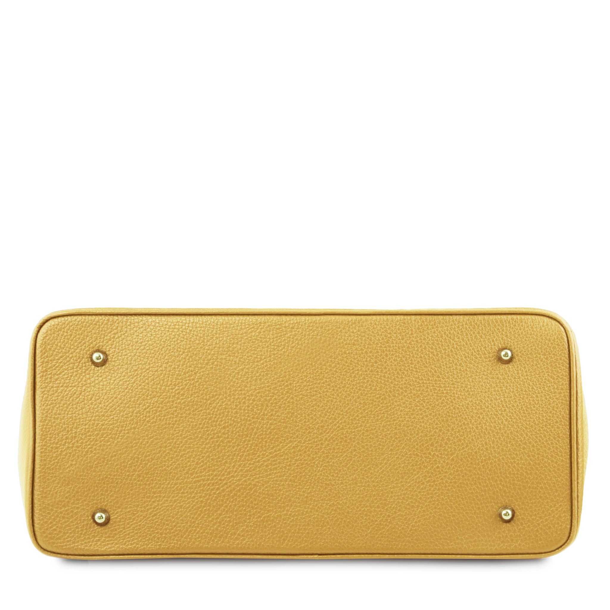 TL Italian Leather Handbag with Golden Hardware in pastel yellow bottom view showing four protective feet