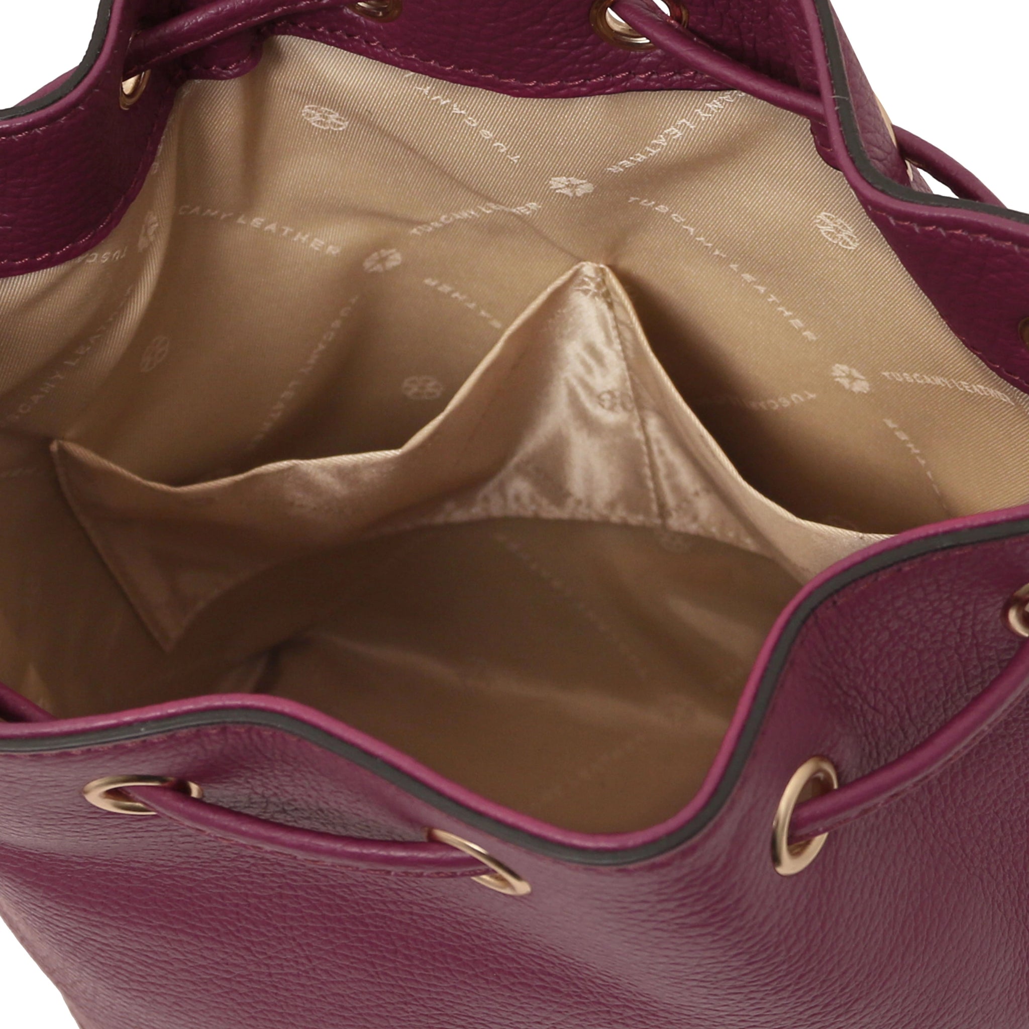 Interior open pocket view TL Italian Leather Bucket Bag in bordeaux with beige lining
