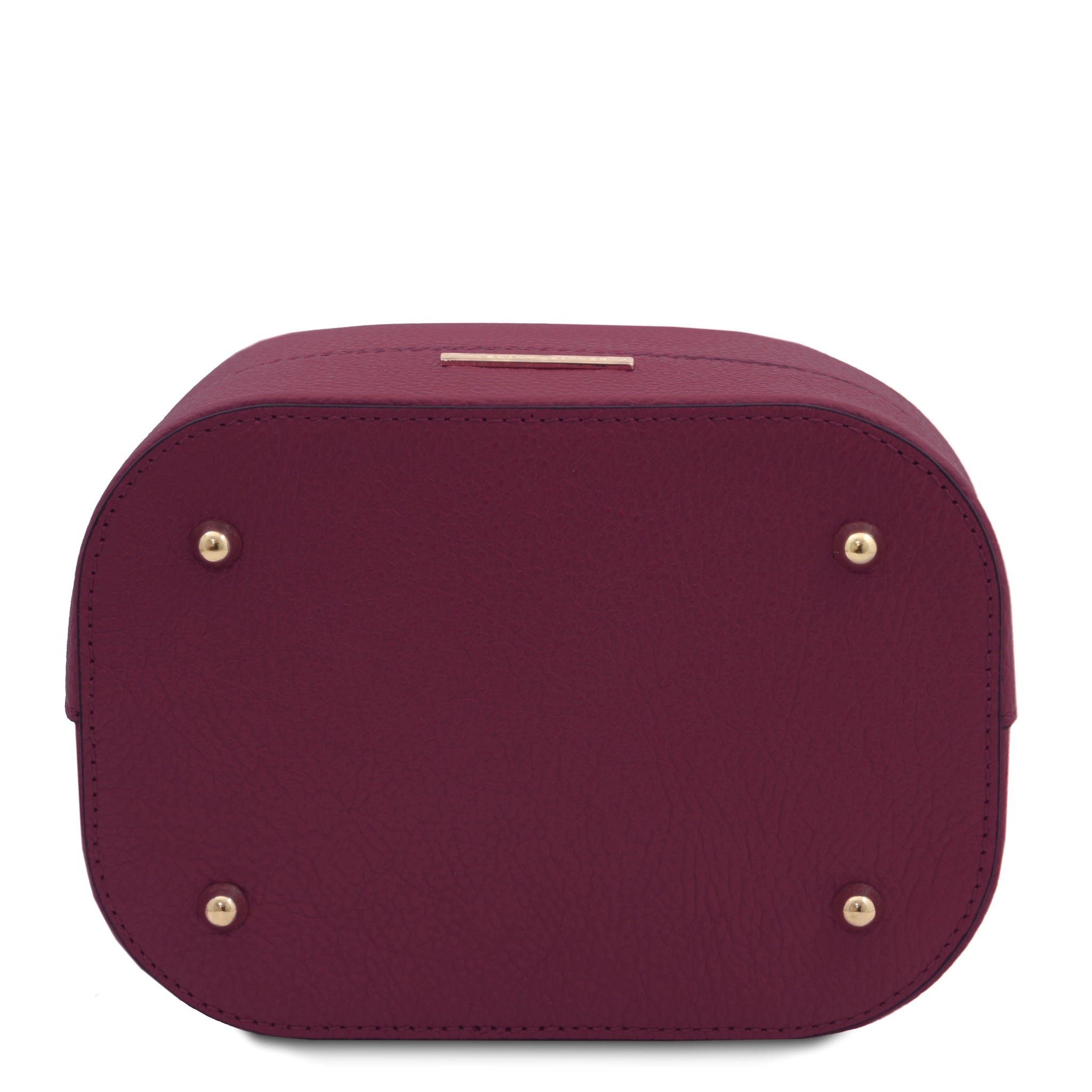 Bottom view TL Italian Leather Bucket Bag in bordeaux with four gold protective feet