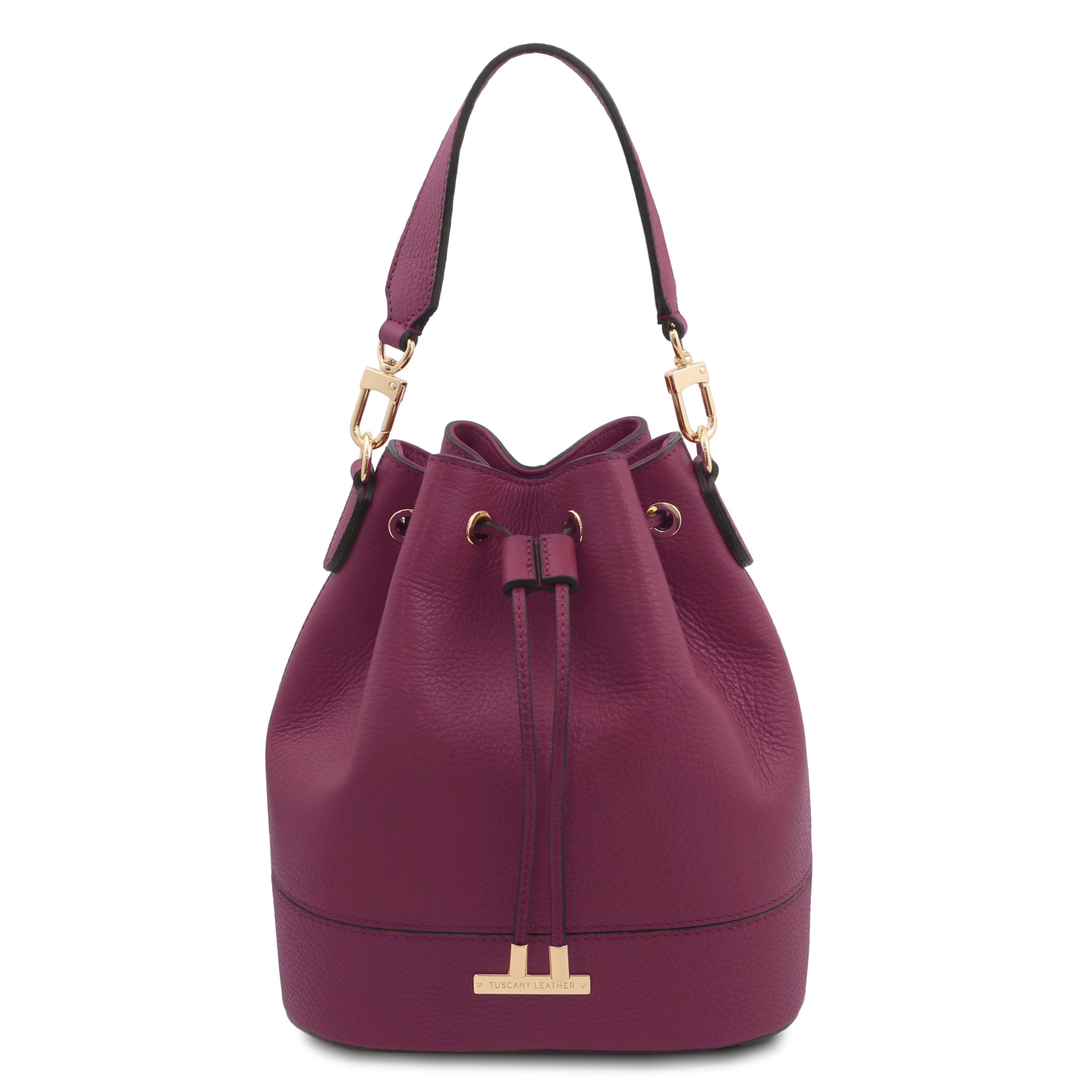 Front view TL Italian Leather Bucket Bag in bordeaux with drawstring and gold hardware